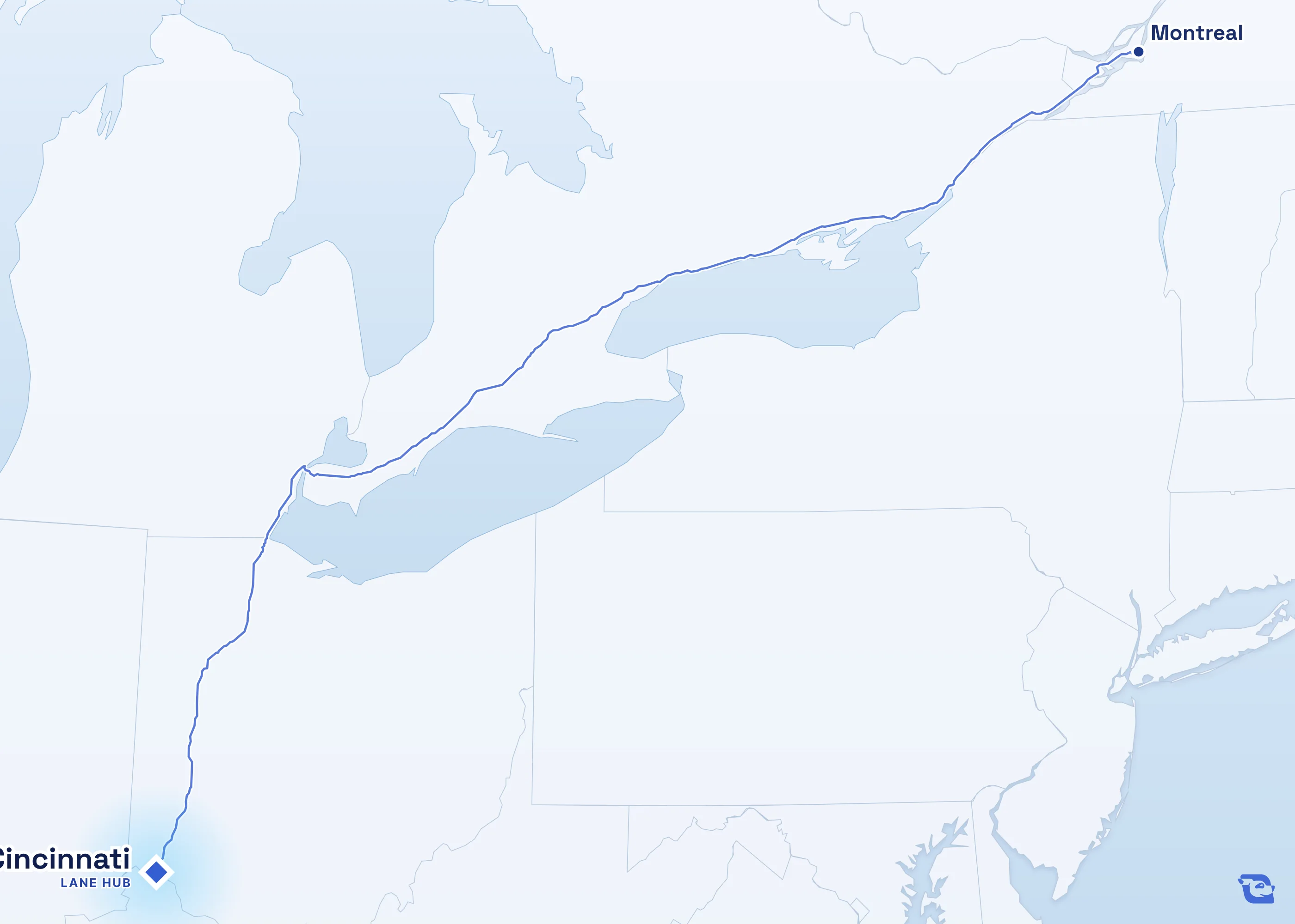 Map of road routes connecting Cincinnati with 1 lane market in Canada, including Montreal. Lane guides are listed by direction in the directory.