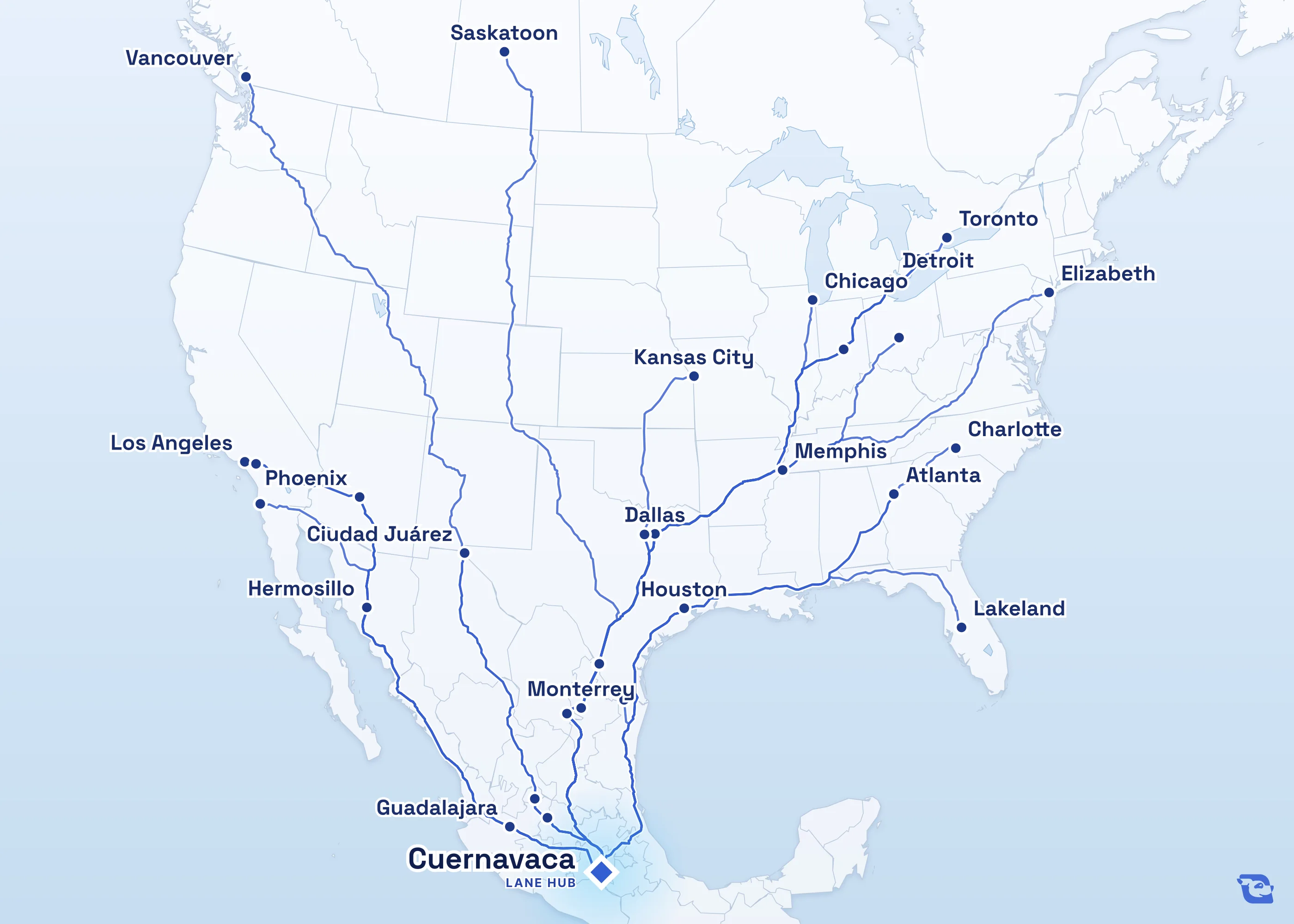 Map of road routes connecting Cuernavaca with 32 lane markets in Mexico, the U.S. and Canada, including Laredo, Monterrey, Toronto and Guadalajara. Lane guides are listed by direction in the directory.