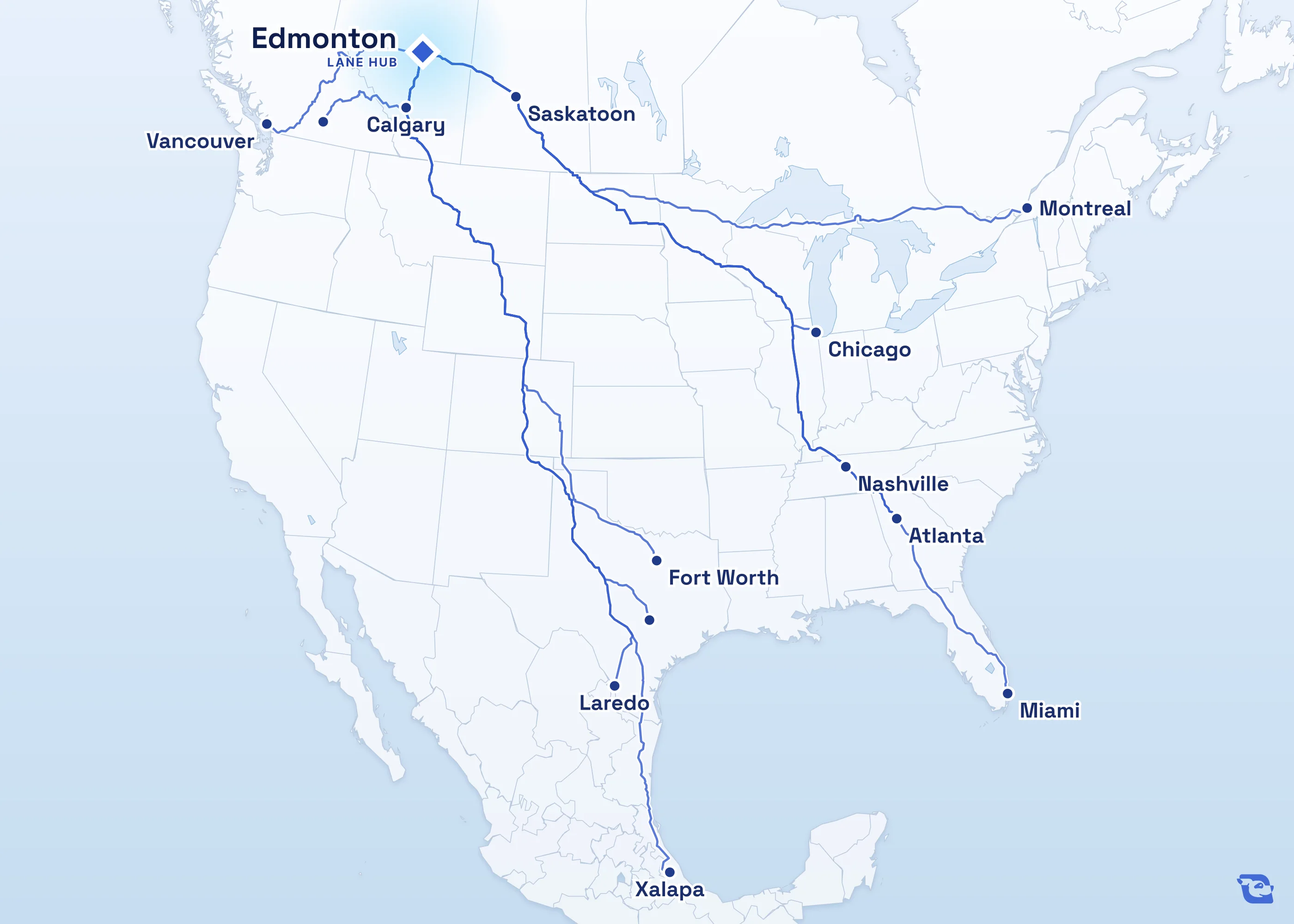 Map of road routes connecting Edmonton with 13 lane markets in Mexico, the U.S. and Canada, including Laredo, Montreal, Vancouver and Calgary. Lane guides are listed by direction in the directory.