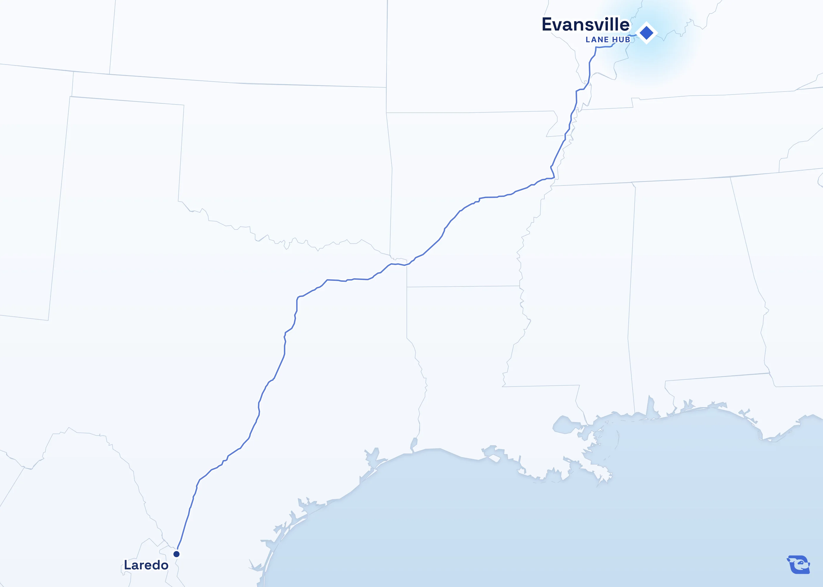 Map of road routes connecting Evansville with 1 lane market in the U.S., including Laredo. Lane guides are listed by direction in the directory.