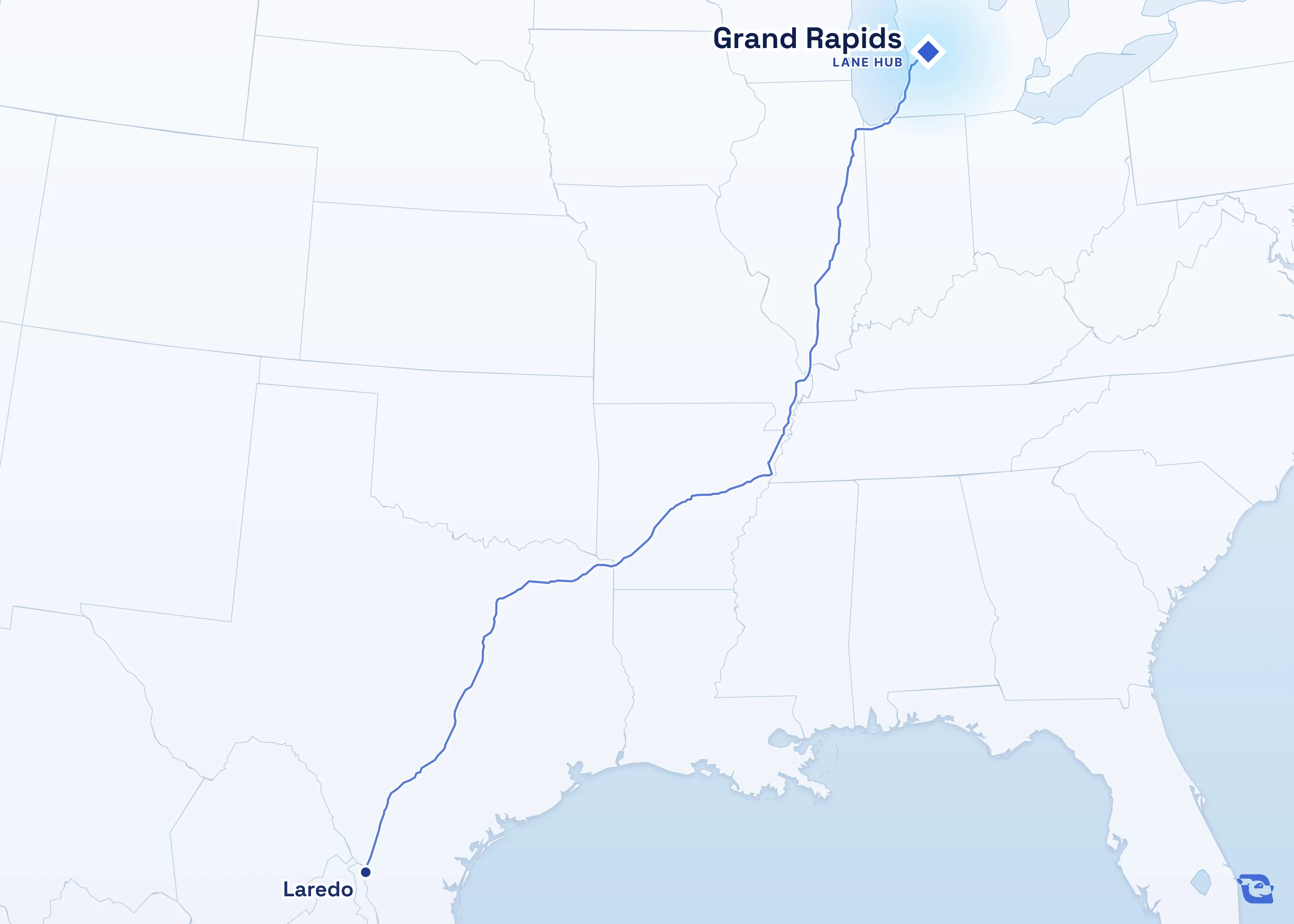 Map of road routes connecting Grand Rapids with 1 lane market in the U.S., including Laredo. Lane guides are listed by direction in the directory.