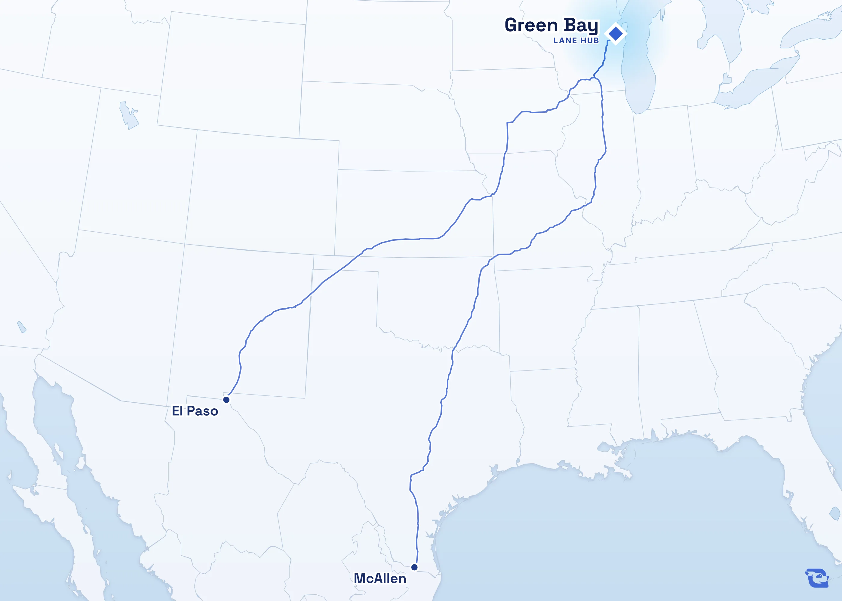 Map of road routes connecting Green Bay with 2 lane markets in the U.S., including El Paso and McAllen. Lane guides are listed by direction in the directory.