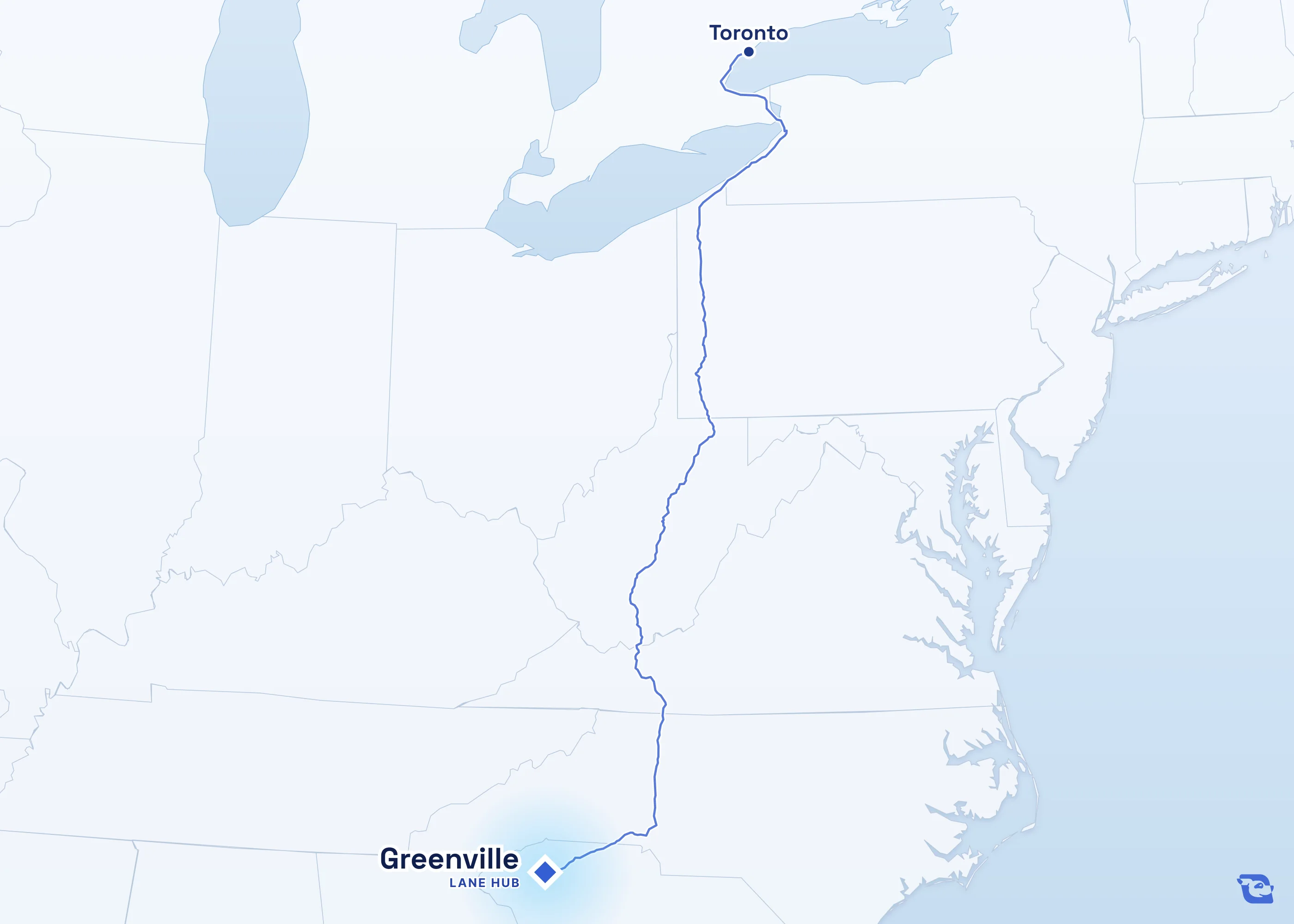 Map of road routes connecting Greenville with 1 lane market in Canada, including Toronto. Lane guides are listed by direction in the directory.