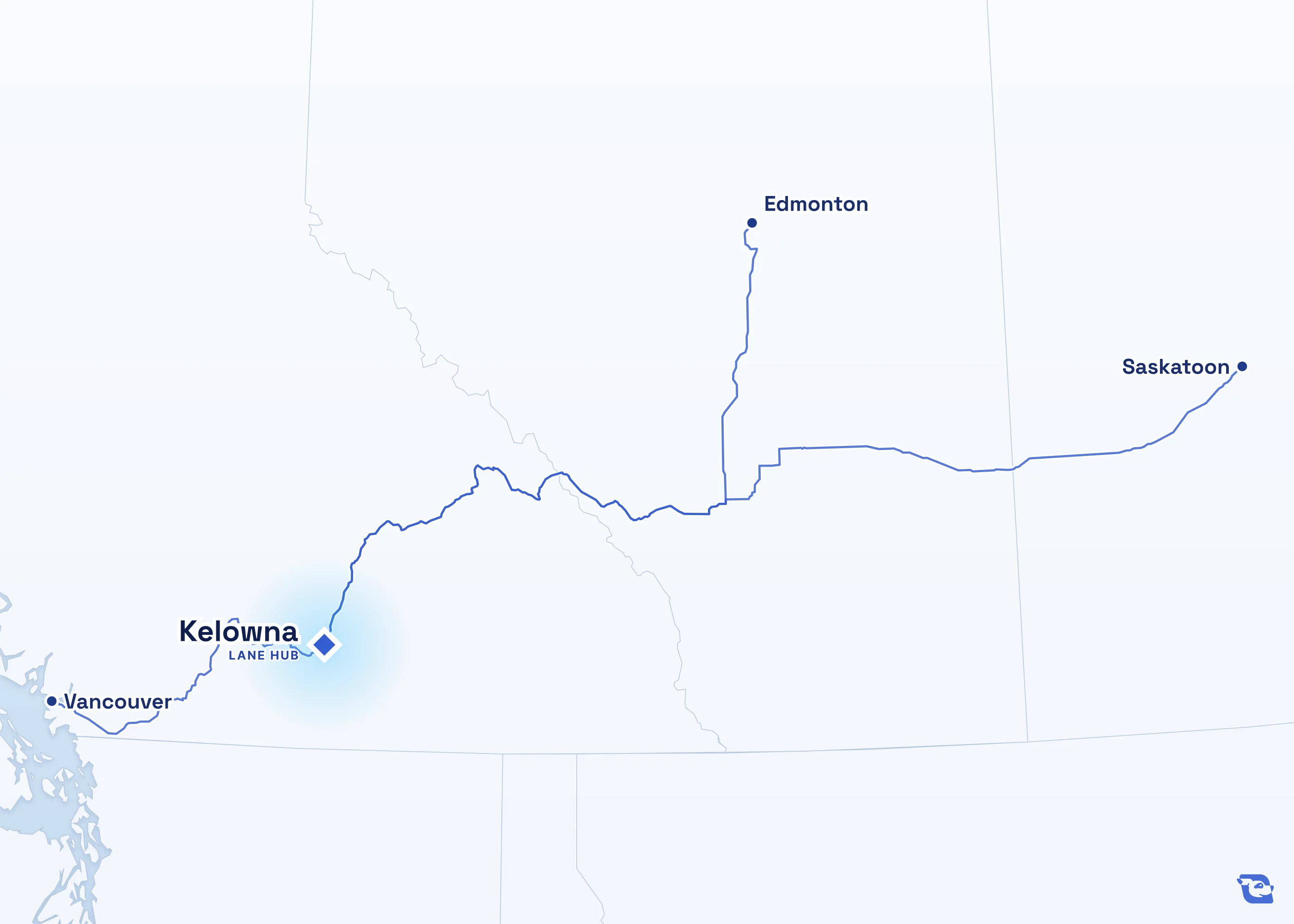 Map of road routes connecting Kelowna with 3 lane markets in Canada, including Vancouver, Edmonton and Saskatoon. Lane guides are listed by direction in the directory.