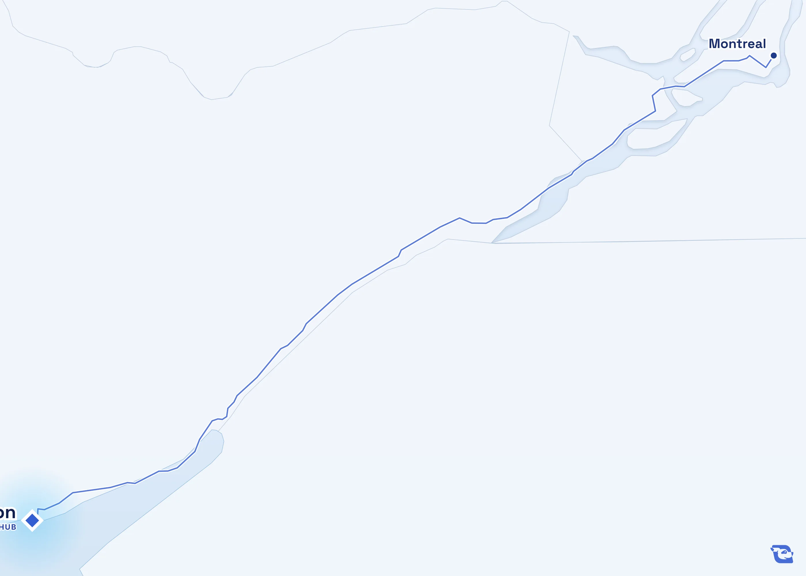 Map of road routes connecting Kingston with 1 lane market in Canada, including Montreal. Lane guides are listed by direction in the directory.