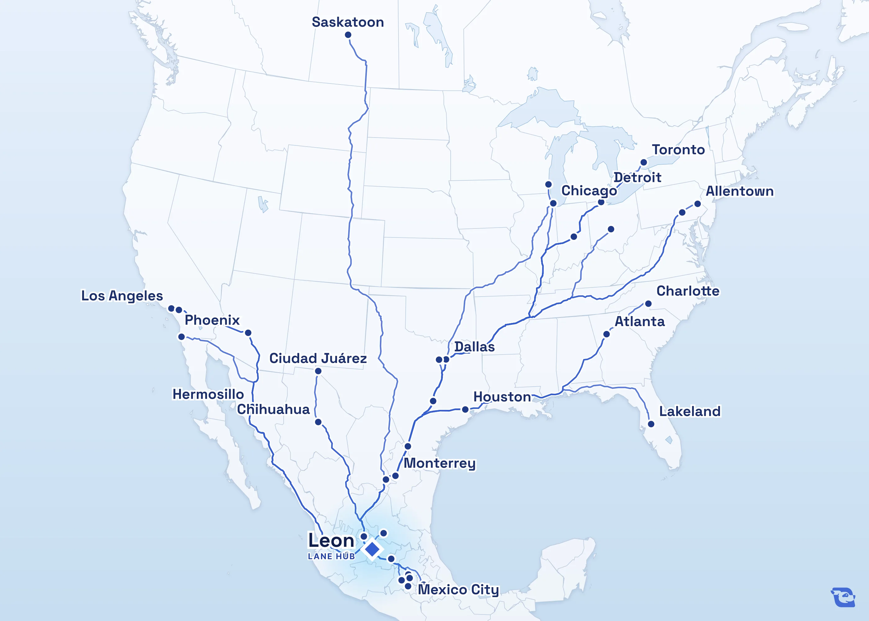 Map of road routes connecting León with 38 lane markets in Mexico, the U.S. and Canada, including Laredo, Monterrey, Toronto and Guadalajara. Lane guides are listed by direction in the directory.