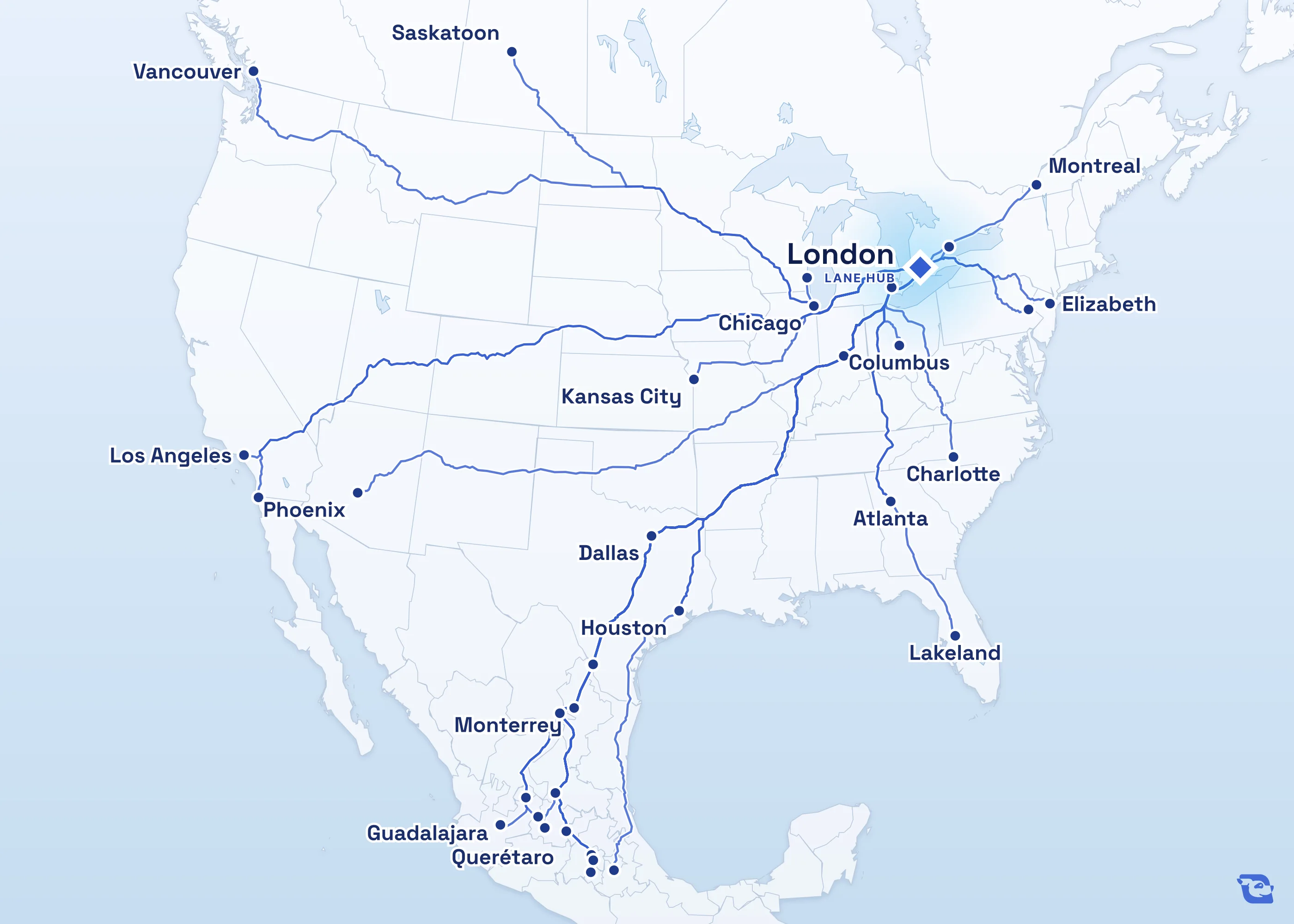 Map of road routes connecting London with 34 lane markets in Mexico, the U.S. and Canada, including Laredo, Monterrey, Toronto and Guadalajara. Lane guides are listed by direction in the directory.