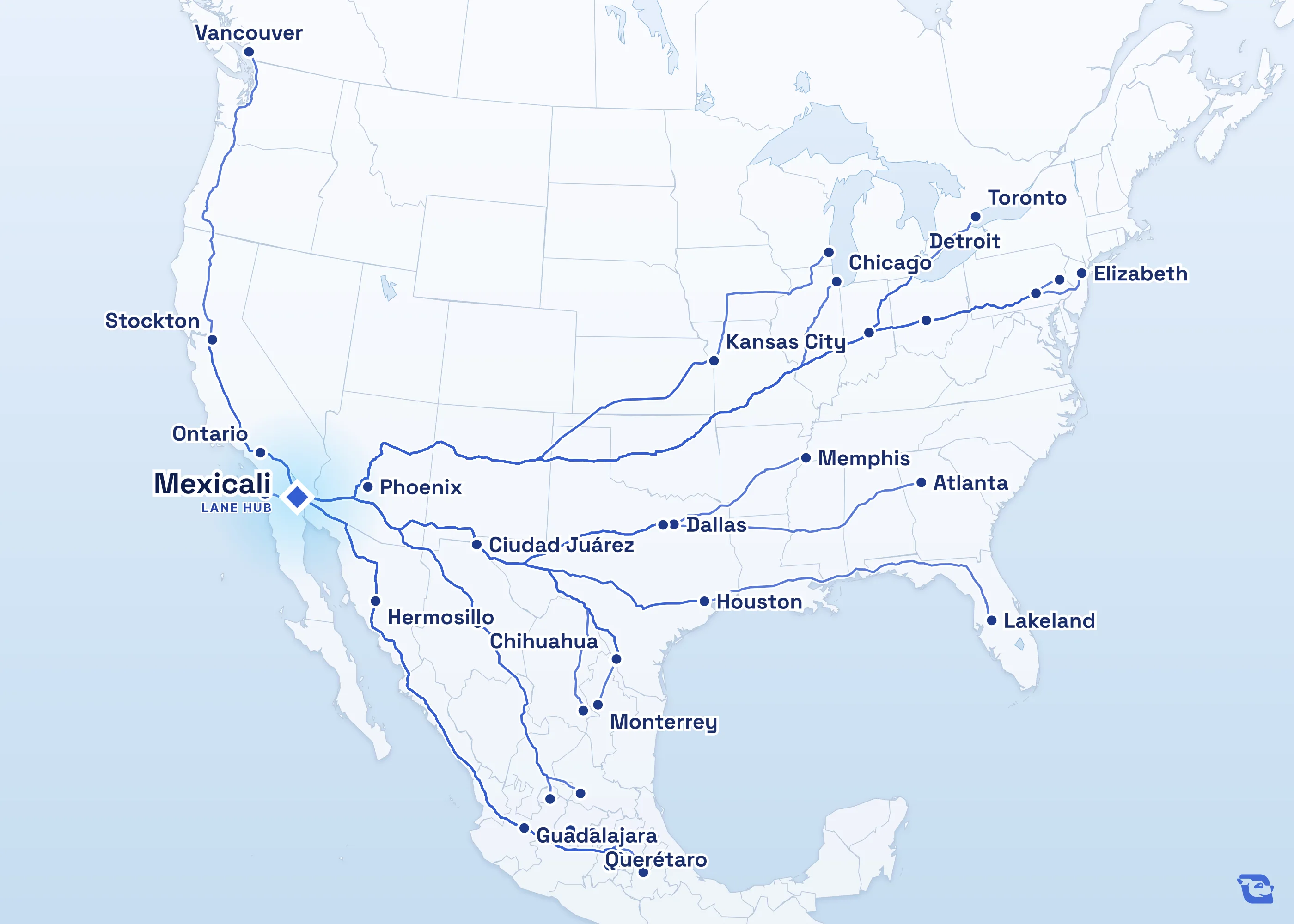 Map of road routes connecting Mexicali with 37 lane markets in Mexico, the U.S. and Canada, including Laredo, Monterrey, Toronto and Guadalajara. Lane guides are listed by direction in the directory.