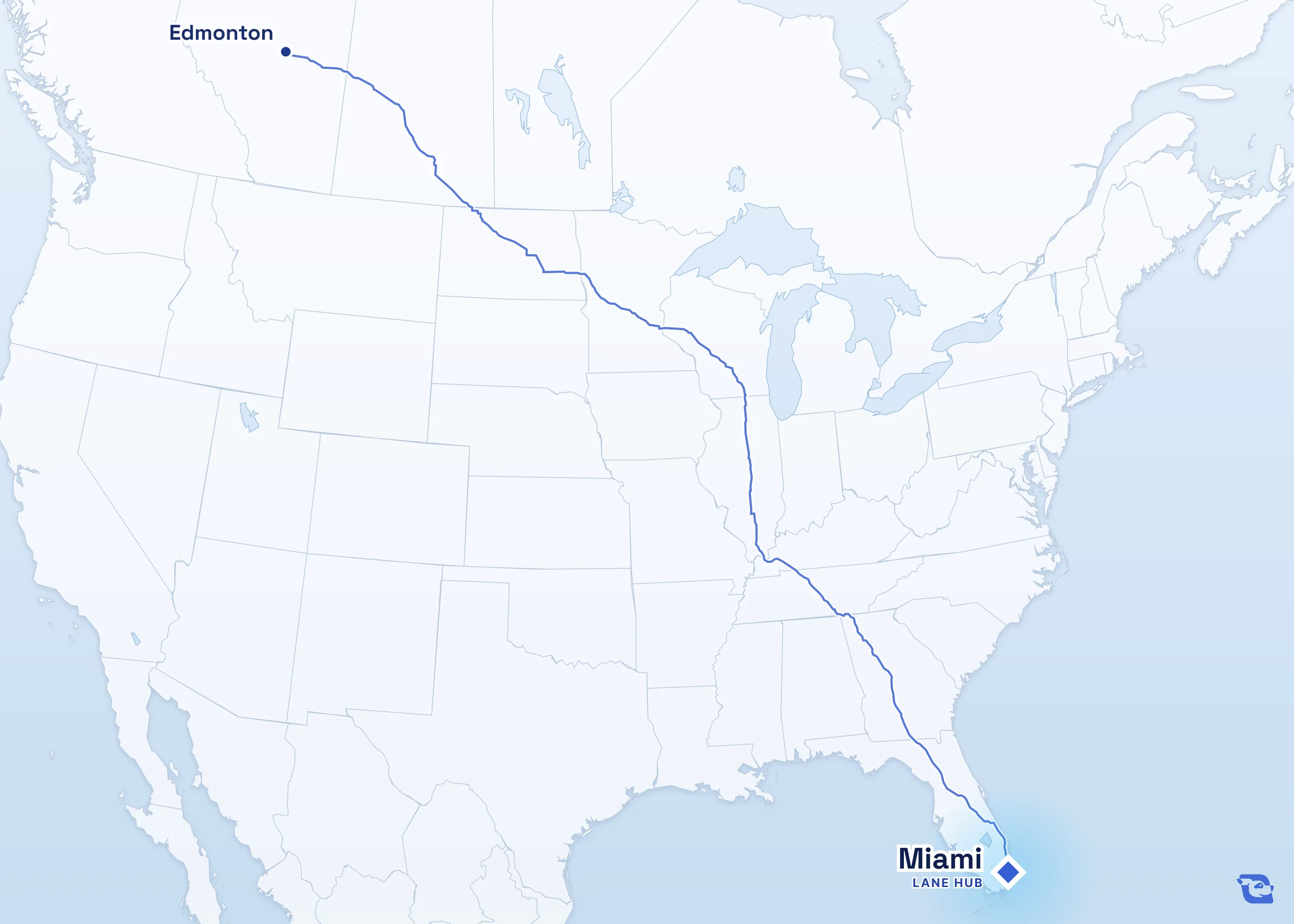 Map of road routes connecting Miami with 1 lane market in Canada, including Edmonton. Lane guides are listed by direction in the directory.