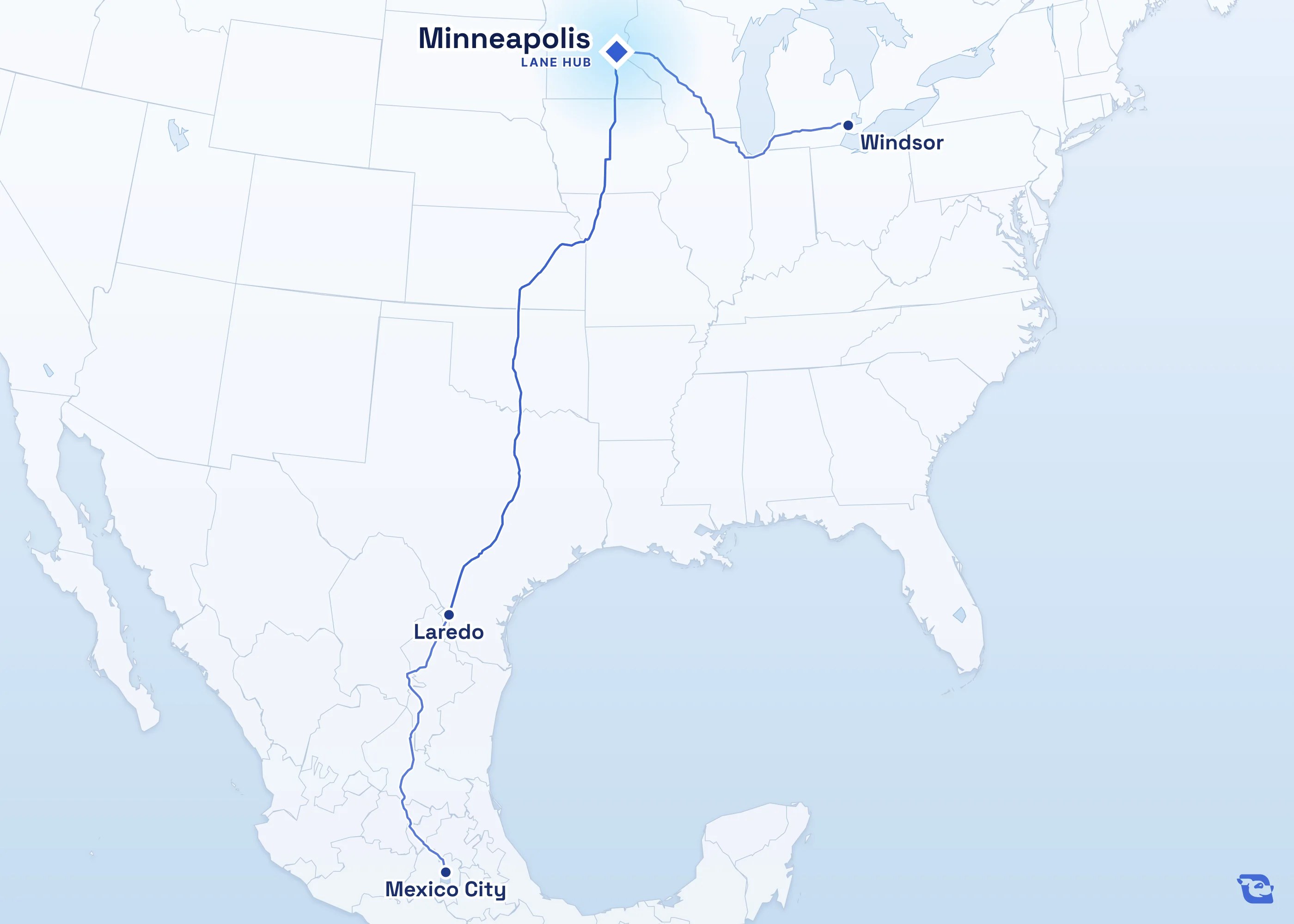 Map of road routes connecting Minneapolis with 3 lane markets in Mexico, the U.S. and Canada, including Laredo, Mexico City and Windsor. Lane guides are listed by direction in the directory.
