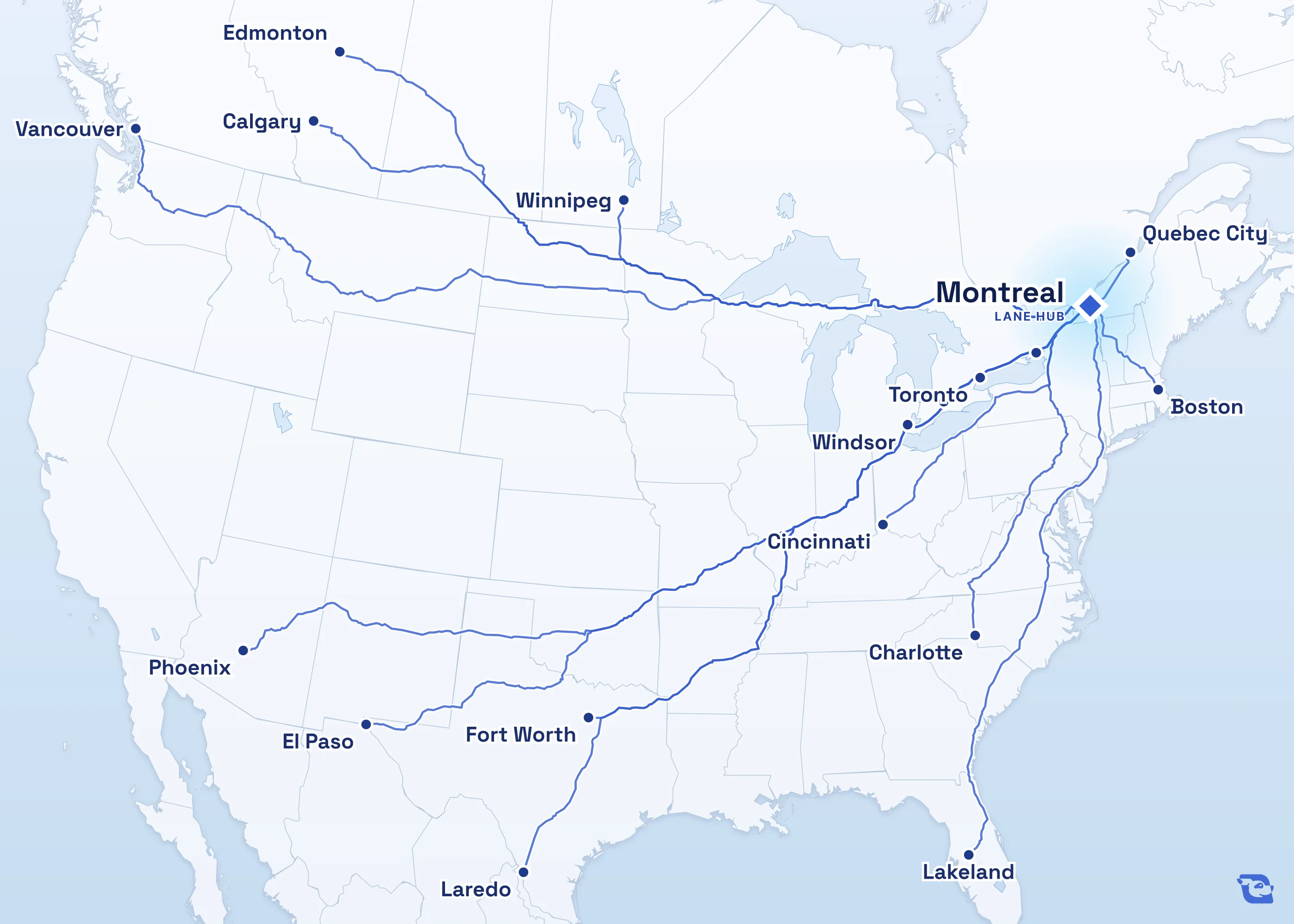 Map of road routes connecting Montreal with 18 lane markets in the U.S. and Canada, including Laredo, Toronto, Vancouver and Calgary. Lane guides are listed by direction in the directory.