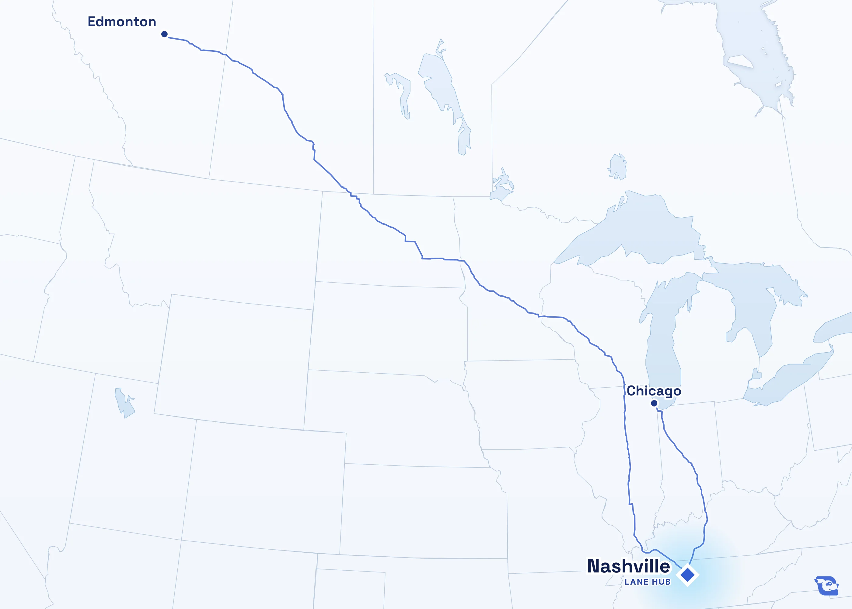 Map of road routes connecting Nashville with 2 lane markets in the U.S. and Canada, including Chicago and Edmonton. Lane guides are listed by direction in the directory.