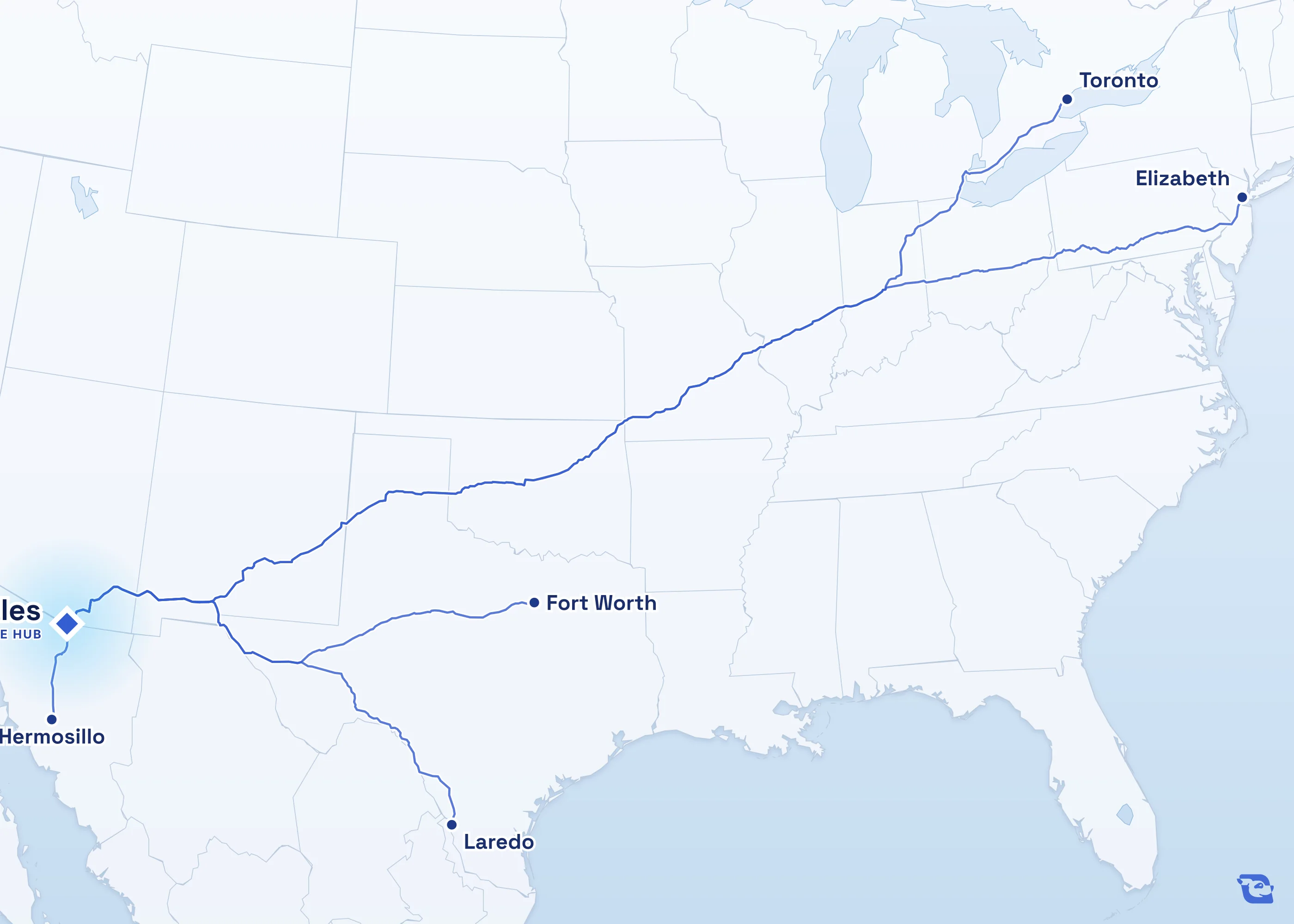 Map of road routes connecting Nogales with 5 lane markets in Mexico, the U.S. and Canada, including Laredo, Toronto, Elizabeth and Fort Worth. Lane guides are listed by direction in the directory.