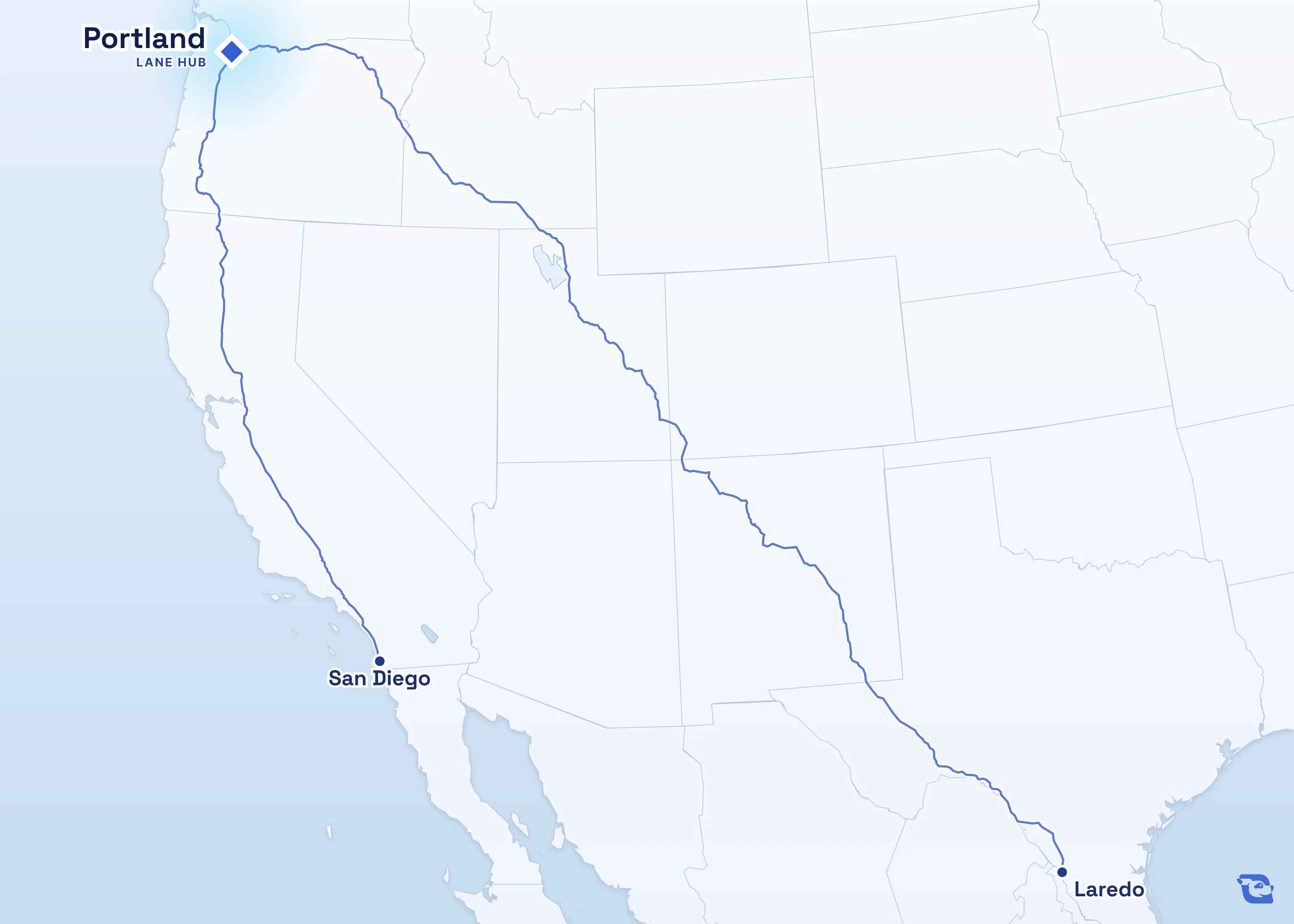 Map of road routes connecting Portland with 2 lane markets in the U.S., including Laredo and San Diego. Lane guides are listed by direction in the directory.