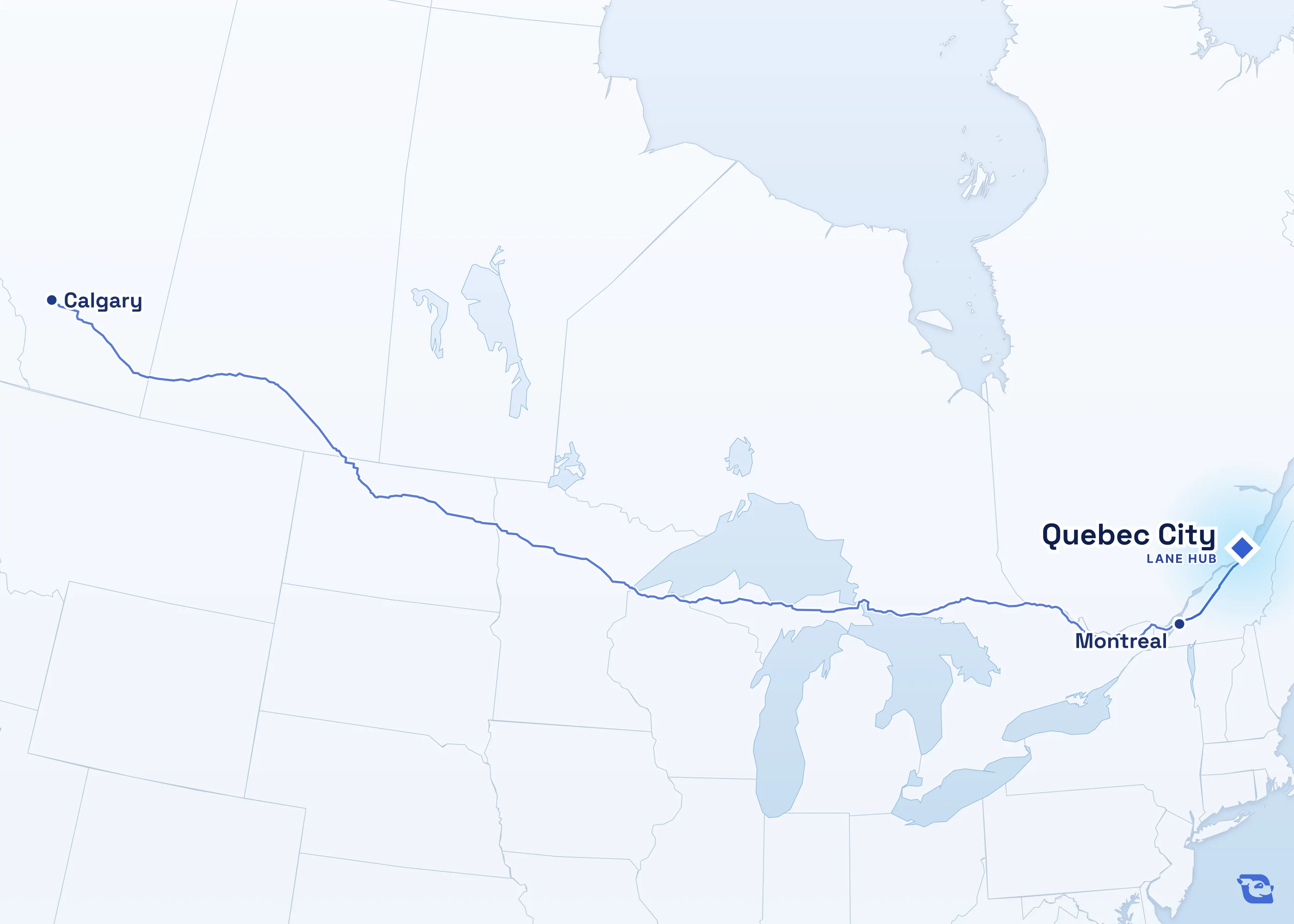 Map of road routes connecting Quebec City with 2 lane markets in Canada, including Montreal and Calgary. Lane guides are listed by direction in the directory.
