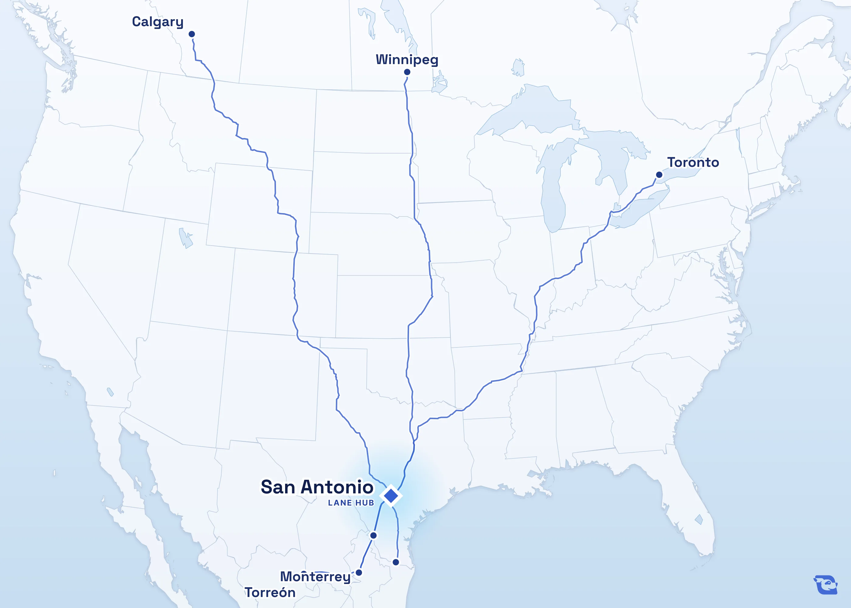 Map of road routes connecting San Antonio with 7 lane markets in Mexico, the U.S. and Canada, including Laredo, Monterrey, Toronto and Calgary. Lane guides are listed by direction in the directory.