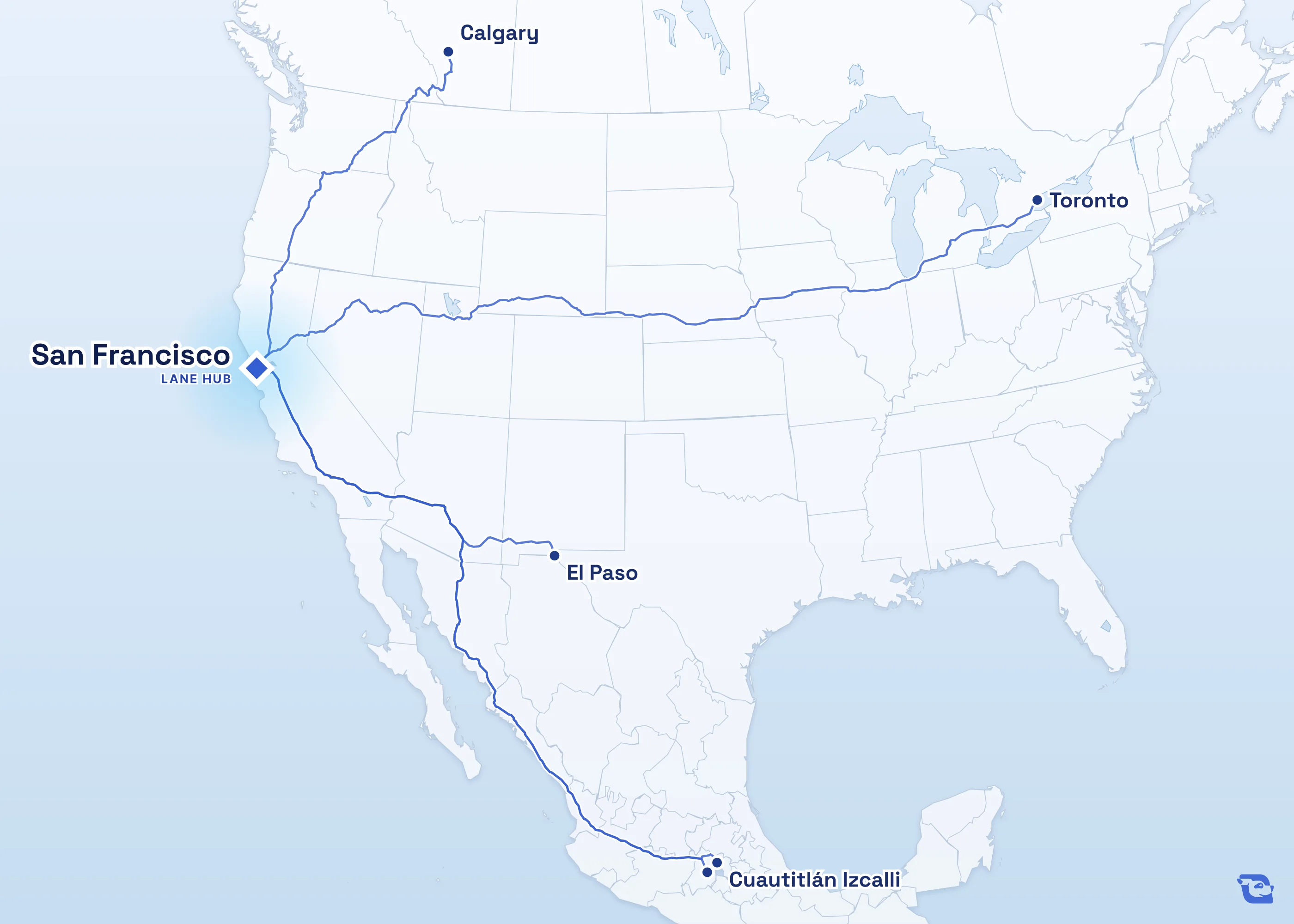 Map of road routes connecting San Francisco with 5 lane markets in Mexico, the U.S. and Canada, including Toronto, Calgary, El Paso and Cuautitlán Izcalli. Lane guides are listed by direction in the directory.