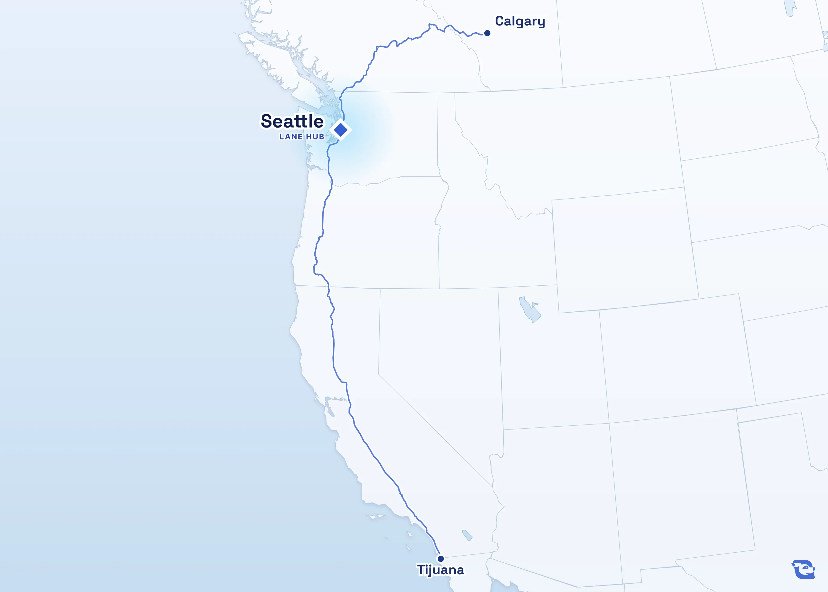Map of road routes connecting Seattle with 2 lane markets in Mexico and Canada, including Calgary and Tijuana. Lane guides are listed by direction in the directory.