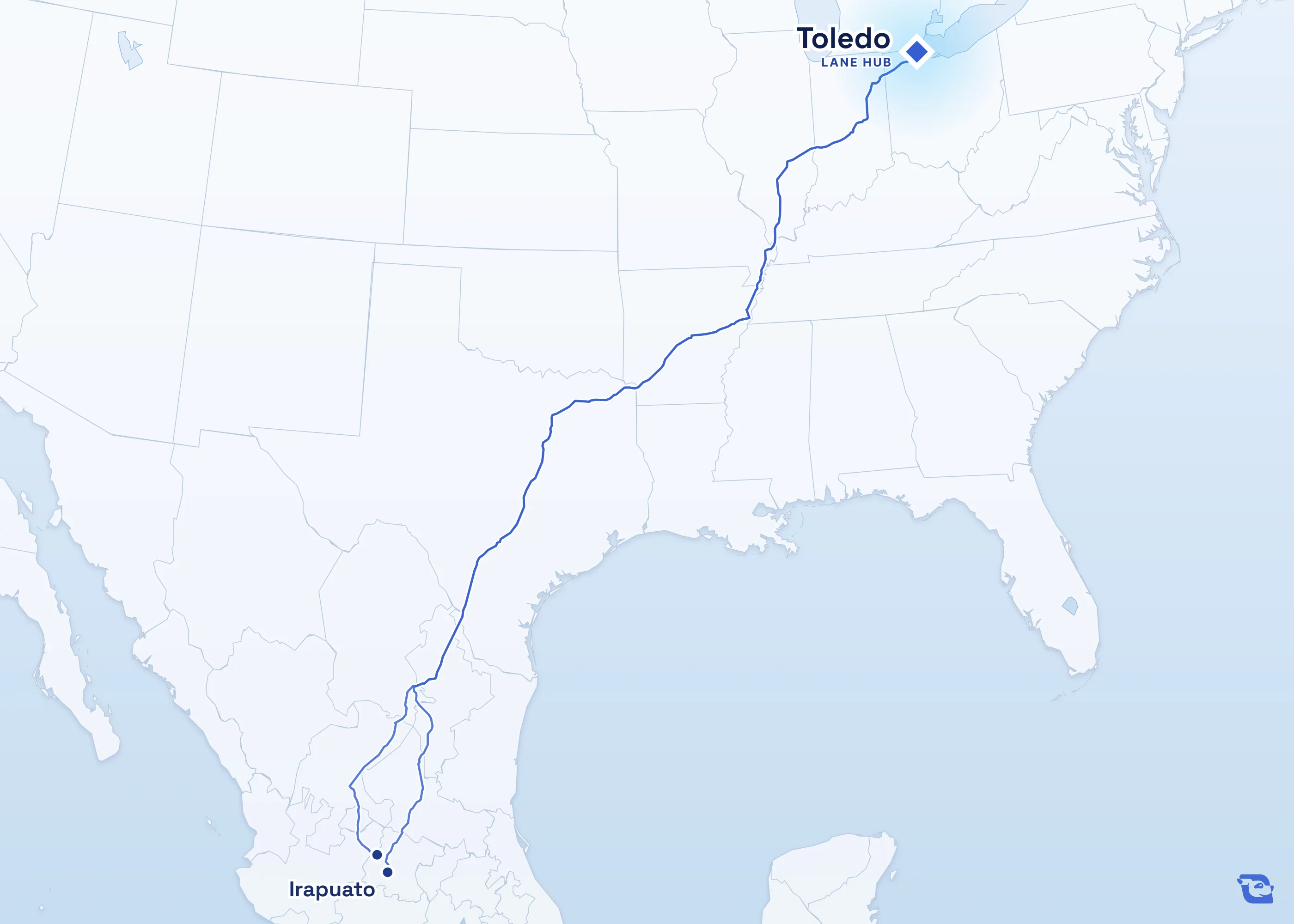 Map of road routes connecting Toledo with 2 lane markets in Mexico, including Irapuato and León. Lane guides are listed by direction in the directory.