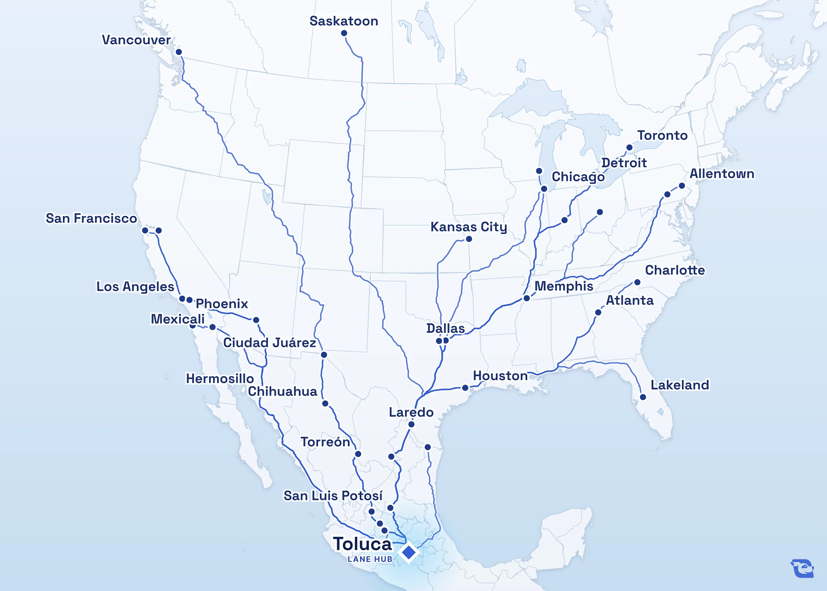 Map of road routes connecting Toluca with 39 lane markets in Mexico, the U.S. and Canada, including Laredo, Toronto, Houston and Los Angeles. Lane guides are listed by direction in the directory.