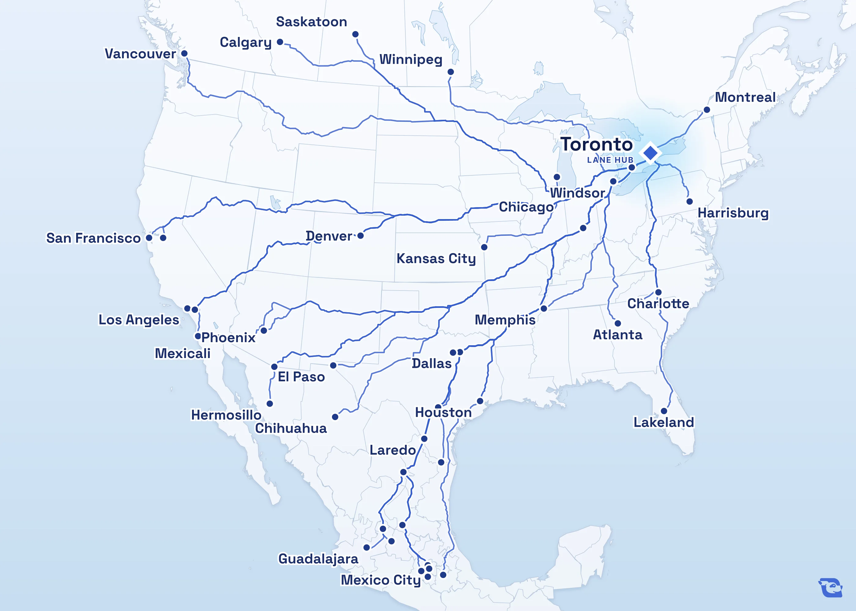 Map of road routes connecting Toronto with 47 lane markets in Mexico, the U.S. and Canada, including Laredo, Guadalajara, Houston and Montreal. Lane guides are listed by direction in the directory.