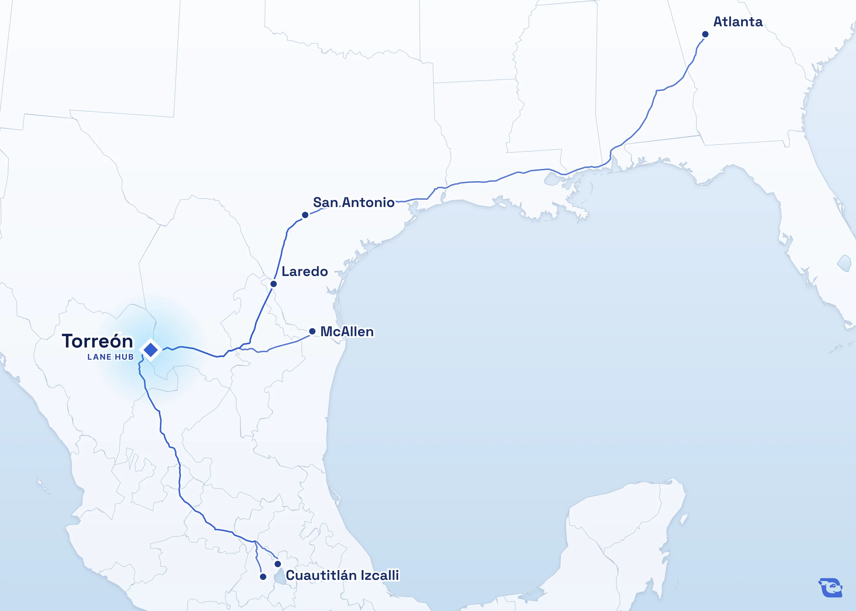 Map of road routes connecting Torreón with 6 lane markets in Mexico and the U.S., including Laredo, Cuautitlán Izcalli, McAllen and Atlanta. Lane guides are listed by direction in the directory.