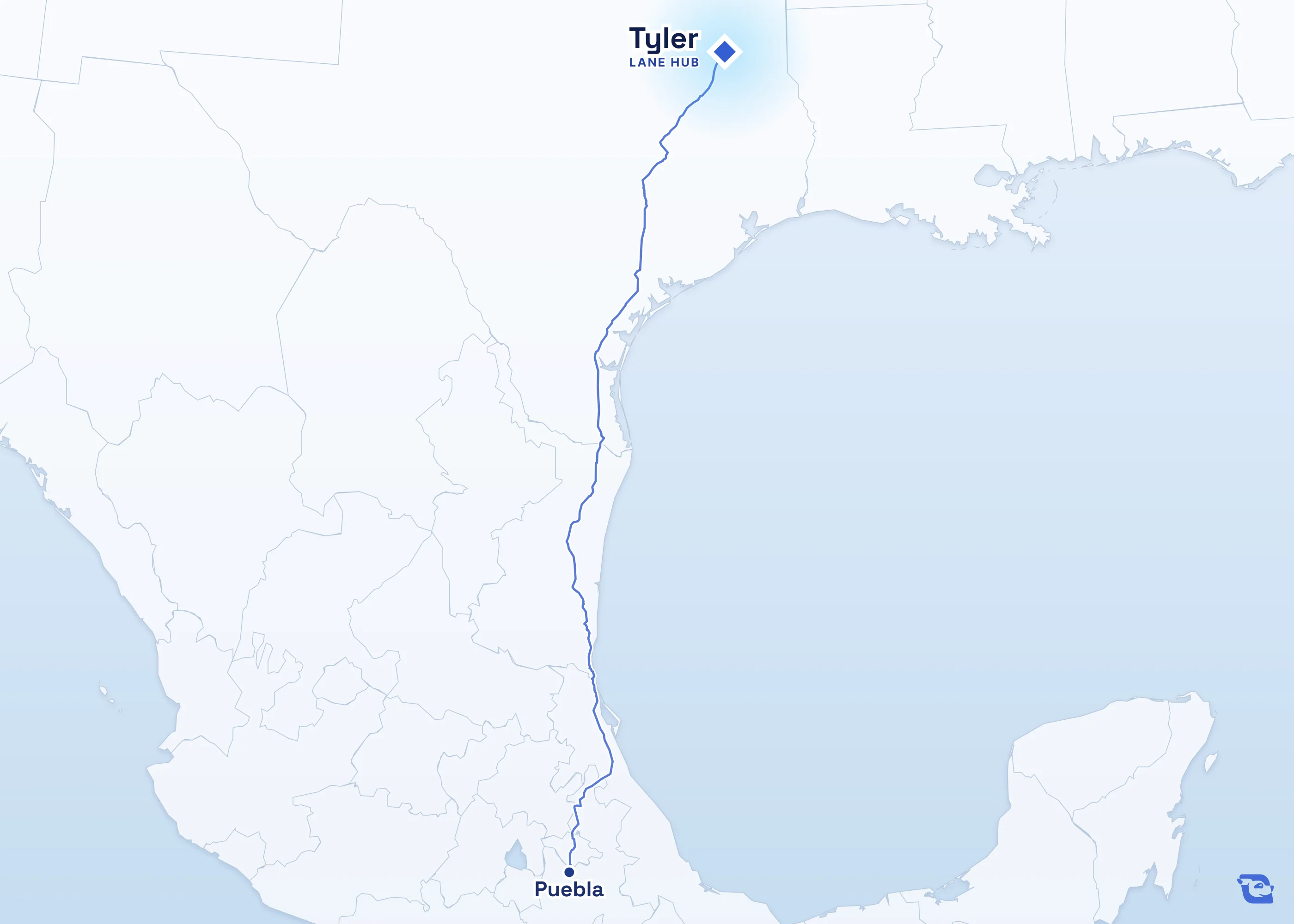 Map of road routes connecting Tyler with 1 lane market in Mexico, including Puebla. Lane guides are listed by direction in the directory.