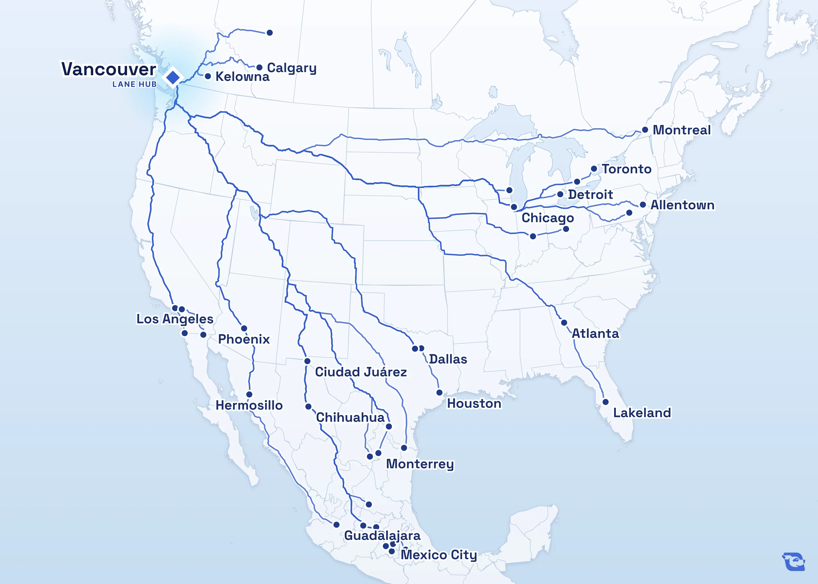 Map of road routes connecting Vancouver with 40 lane markets in Mexico, the U.S. and Canada, including Laredo, Monterrey, Toronto and Guadalajara. Lane guides are listed by direction in the directory.
