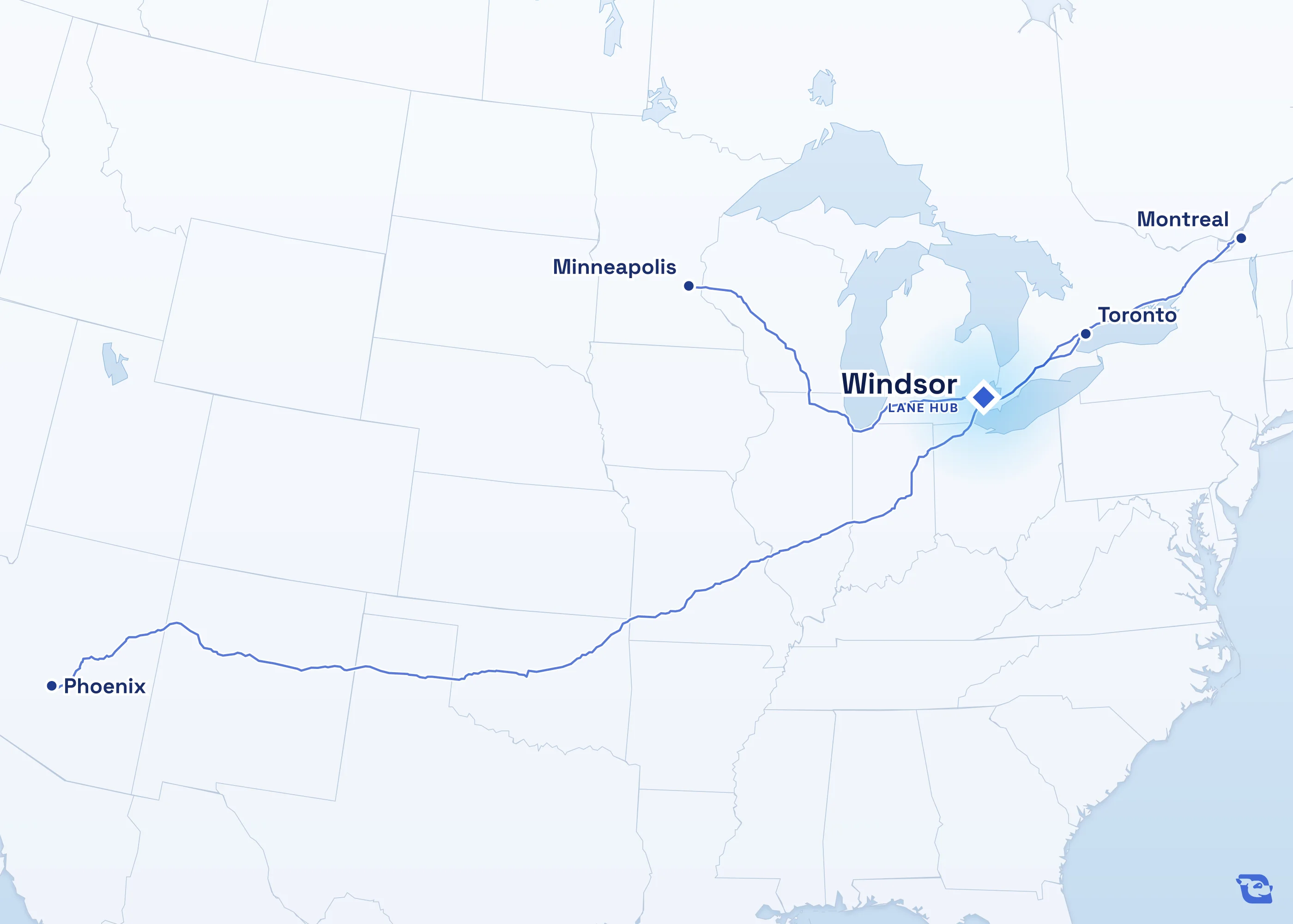 Map of road routes connecting Windsor with 4 lane markets in the U.S. and Canada, including Toronto, Montreal, Phoenix and Minneapolis. Lane guides are listed by direction in the directory.