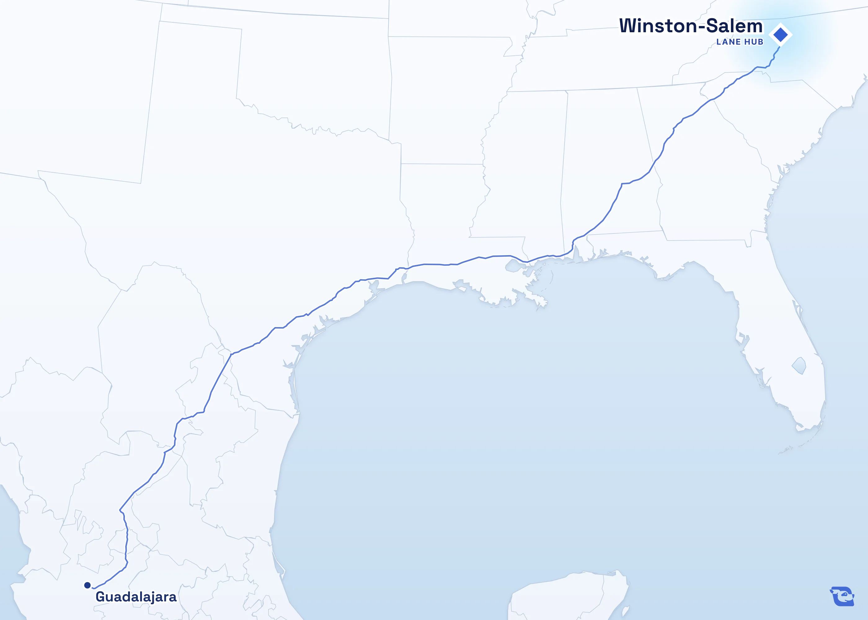 Map of road routes connecting Winston-Salem with 1 lane market in Mexico, including Guadalajara. Lane guides are listed by direction in the directory.