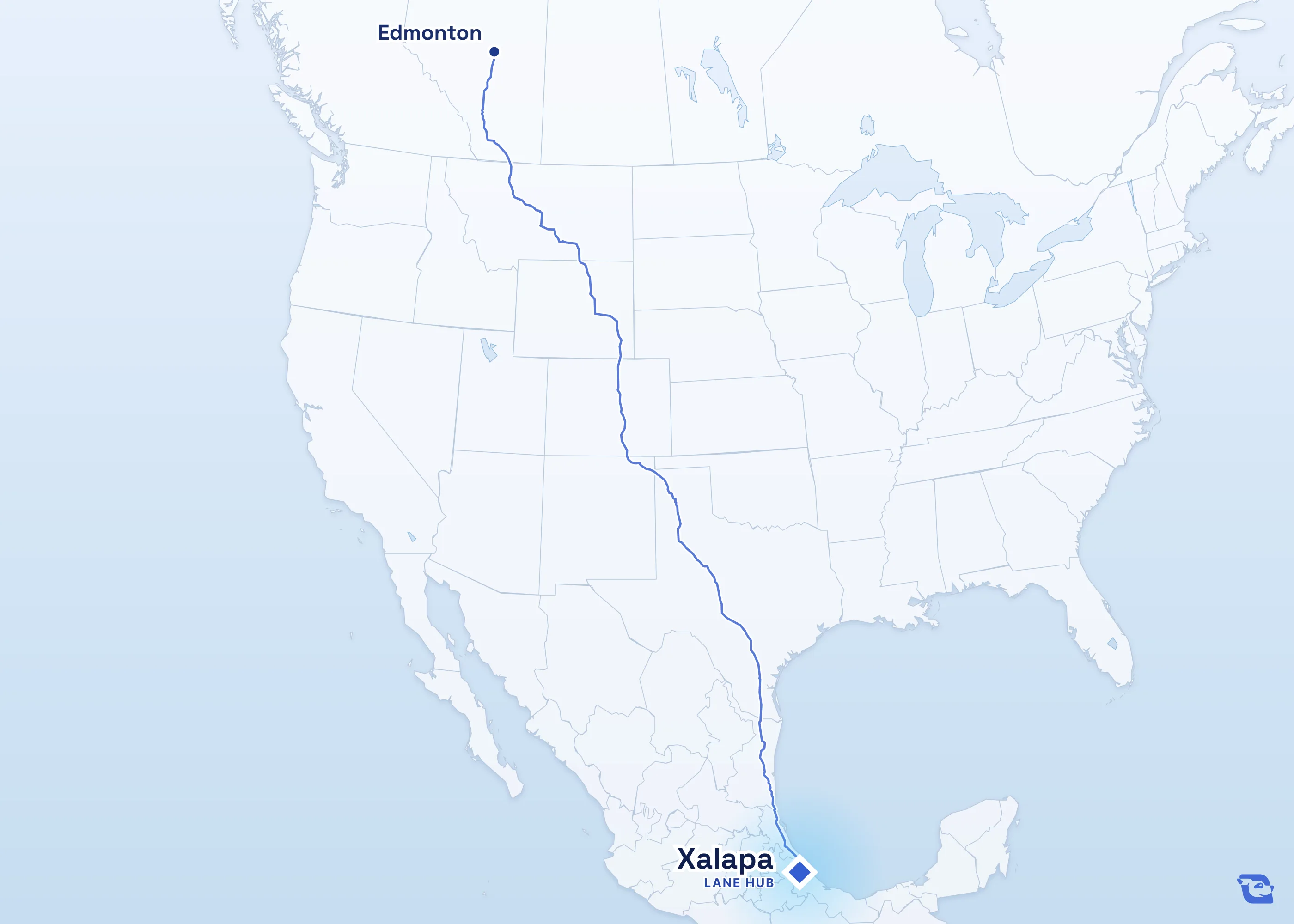 Map of road routes connecting Xalapa with 1 lane market in Canada, including Edmonton. Lane guides are listed by direction in the directory.