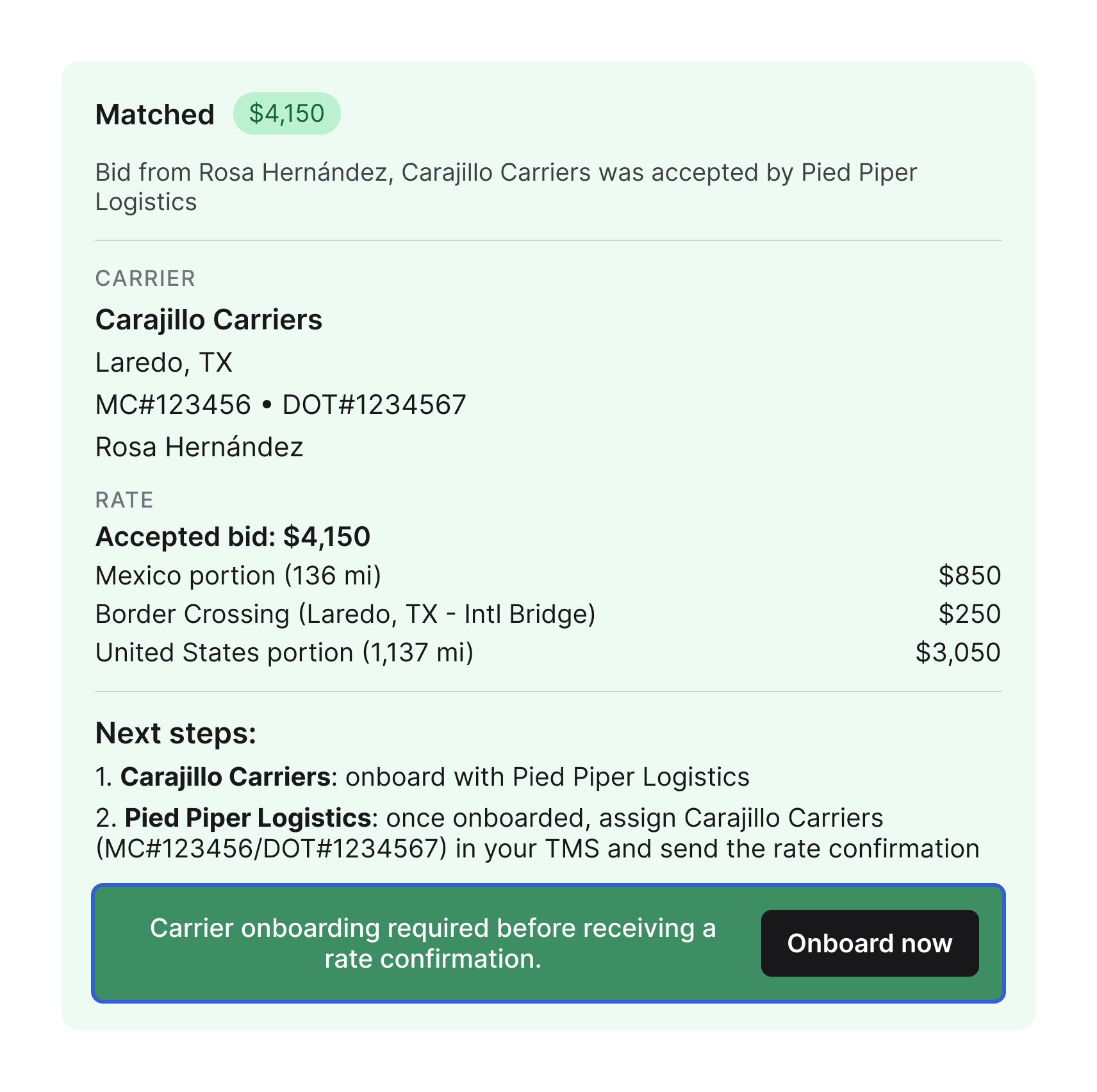 Match message in the posting chat: Matched $4,150, carrier Carajillo Carriers, accepted bid broken down by Mexico portion, border crossing and United States portion, next steps, and a green bar reading "Carrier onboarding required before receiving a rate confirmation." with an Onboard now button, outlined in blue.