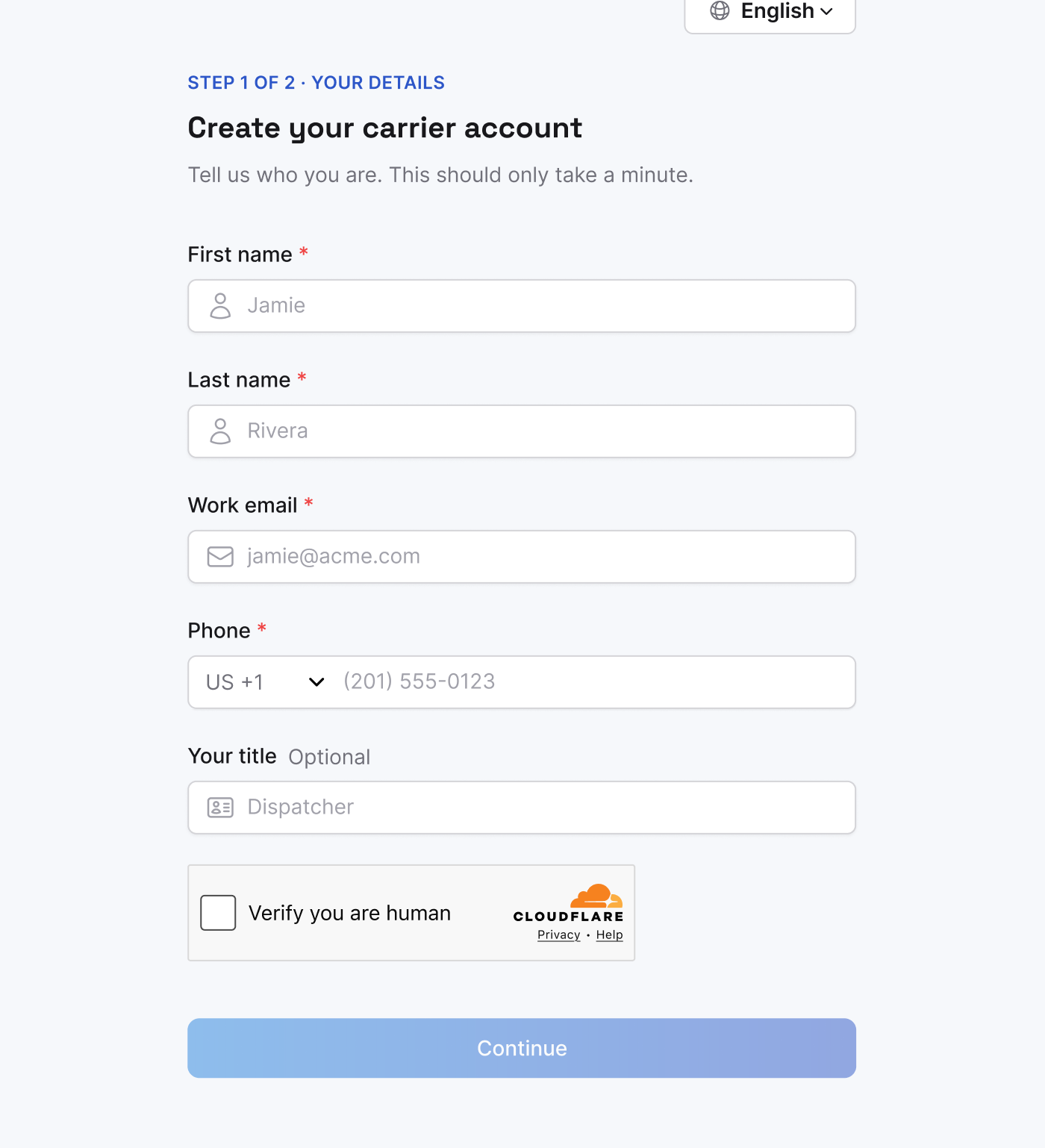 Carrier application form card, "Step 1 of 2, your details": Create your carrier account with first name, last name, work email, phone, title, a human verification box and a Continue button. Language switch (English) at the top right.