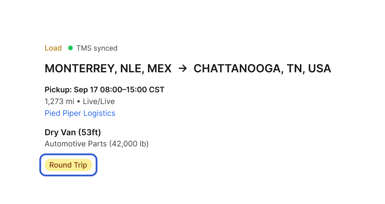 Header of the carrier view of a posting: Load, TMS synced, Monterrey, NLE, MEX to Chattanooga, TN, USA, pickup date, distance, Pied Piper Logistics, Dry Van (53ft), Automotive Parts, and under them a yellow Round Trip badge outlined in blue.