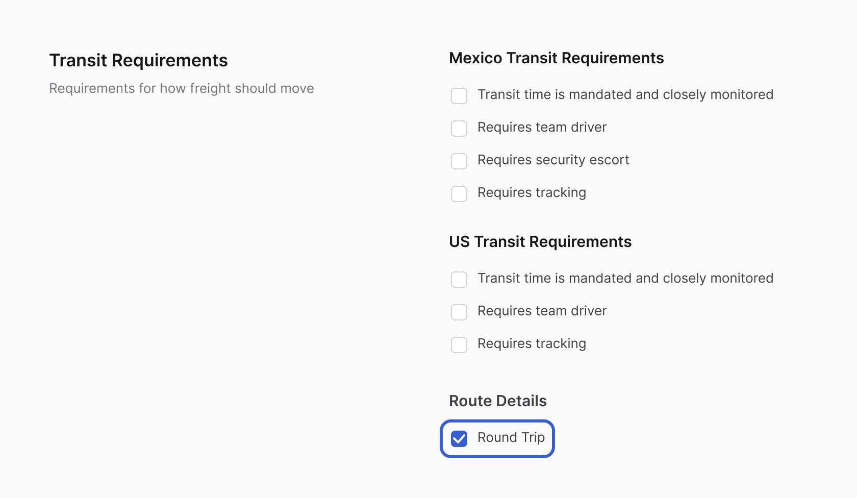 Transit Requirements section of the posting form: Mexico Transit Requirements and US Transit Requirements checkboxes and, under Route Details, a checked Round Trip checkbox outlined in blue.