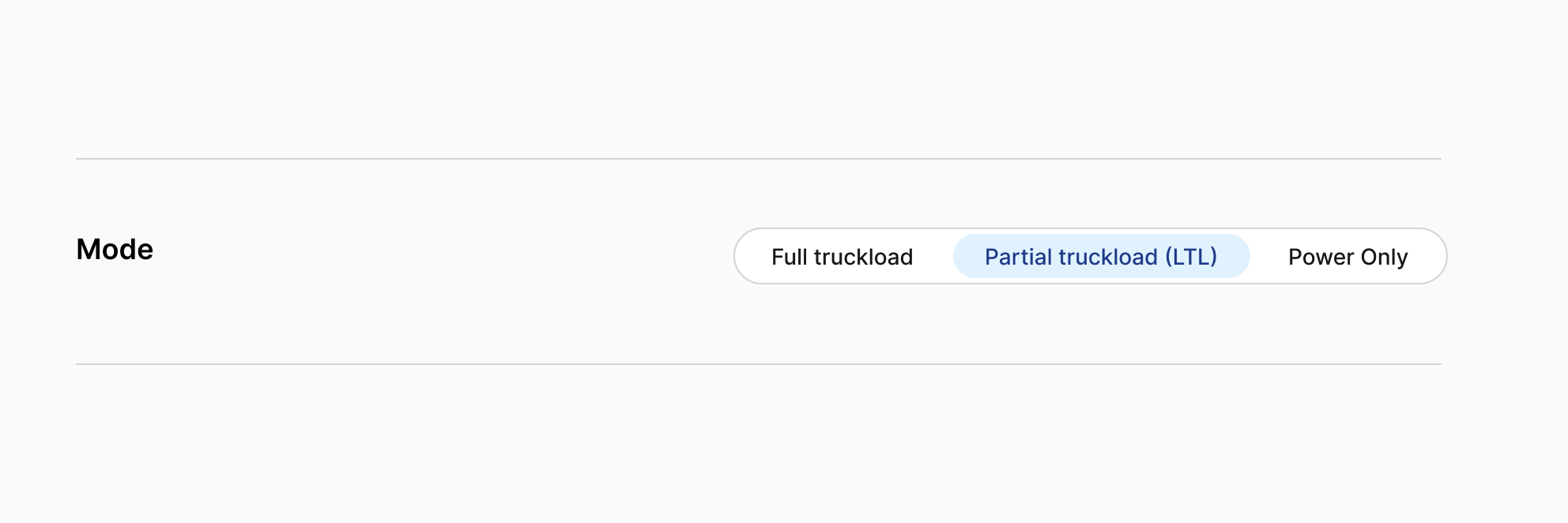 The Mode row of the posting form: a three-way control reading Full truckload, Partial truckload (LTL) and Power Only, with Partial truckload (LTL) selected and outlined in blue.