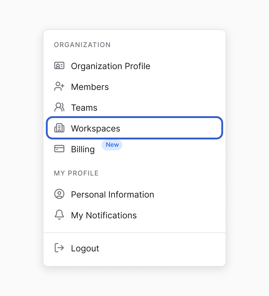 The profile menu on a plain background: Organization section with Organization Profile, Members, Teams, Workspaces (outlined in blue) and Billing; My Profile section with Personal Information and My Notifications; Logout.