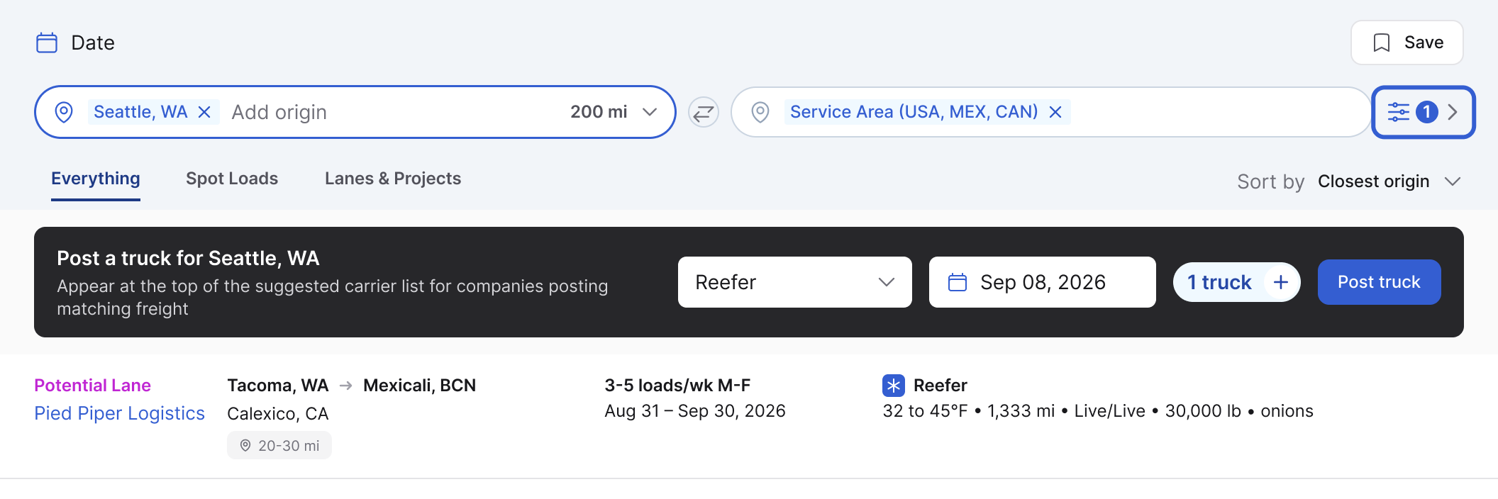 The freight search bar for Seattle, WA within 200 mi: Date, origin and service area fields, the Everything, Spot Loads and Lanes & Projects tabs, and at the right end of the bar, outlined in blue, the More filters icon button showing a count of 1. Below, the Post a truck band and one posting from Pied Piper Logistics.