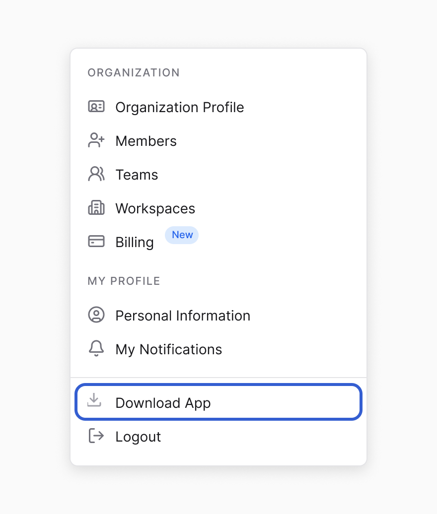 The profile menu on a plain background, with a Download App row outlined in blue just above Logout.