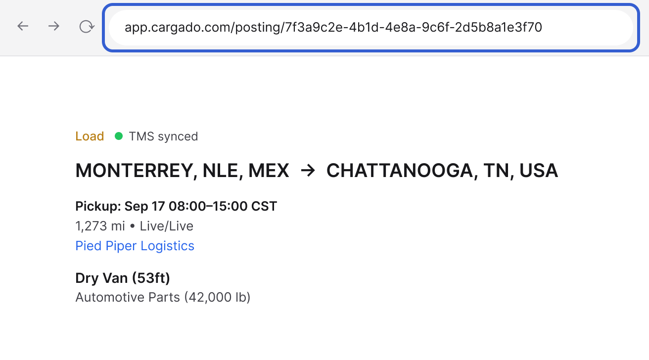 A browser address bar outlined in blue reading app.cargado.com/posting/ followed by the posting's id, above the header of the carrier view of the posting (Monterrey, NLE, MEX to Chattanooga, TN, USA from Pied Piper Logistics).