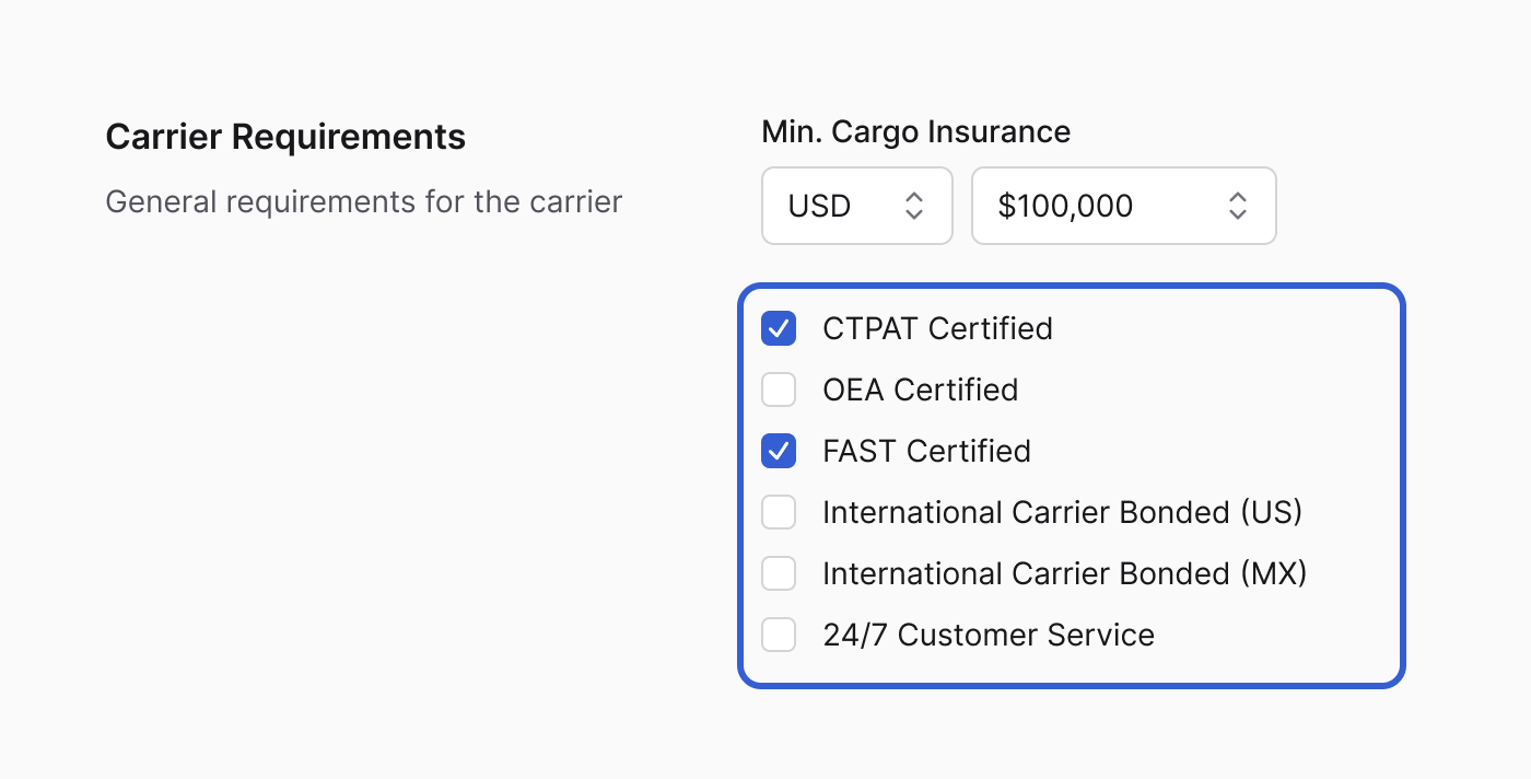 Carrier Requirements on the posting form: a Min. Cargo Insurance field and, outlined in blue, the certification checkboxes (CTPAT Certified, OEA Certified, FAST Certified, International Carrier Bonded for the US and Mexico, 24/7 Customer Service), two of them checked.