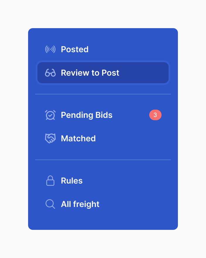The freight sidebar with Review to Post outlined in blue, between Posted and Pending Bids.