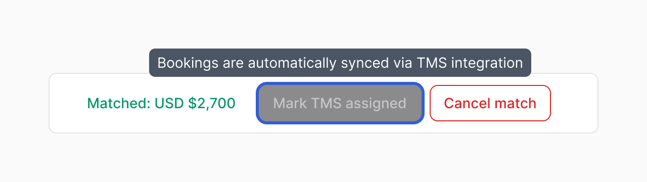 A matched load's action bar: Matched USD $2,700, a dimmed Mark TMS assigned button outlined in blue with the tooltip "Bookings are automatically synced via TMS integration," and Cancel match.