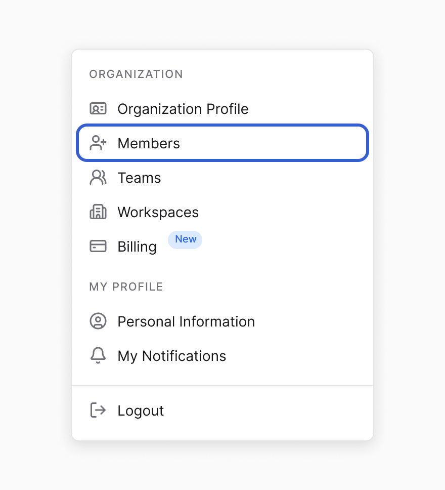 The account menu with Members outlined in blue under Organization, above Teams, Workspaces and Billing.