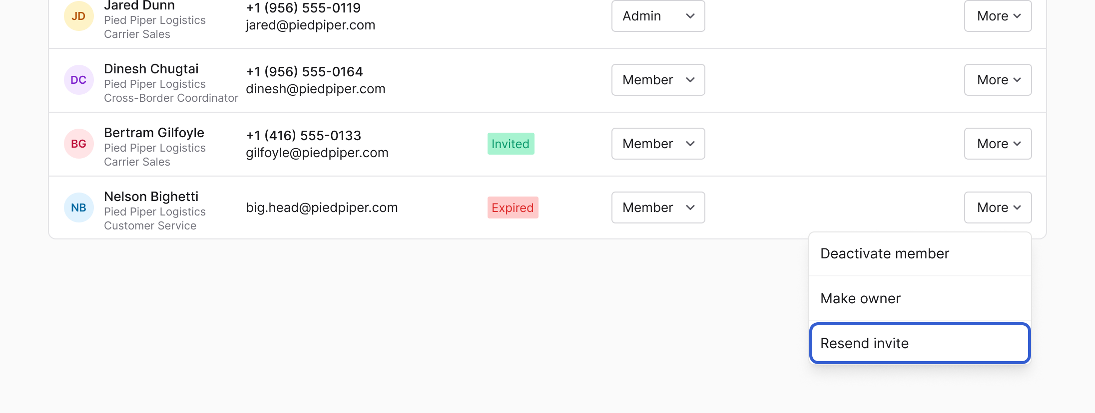 The Members list with the More menu open on Nelson Bighetti's Expired row, listing Deactivate member, Make owner and Resend invite, with Resend invite outlined in blue.