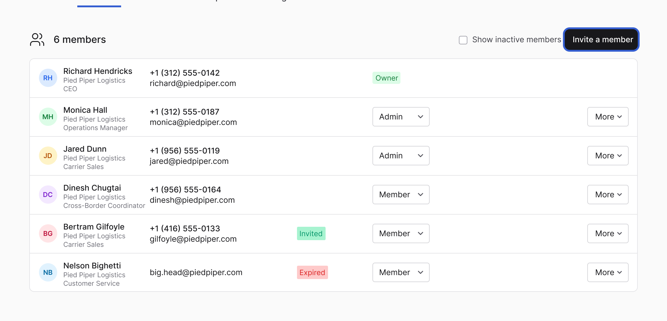 The Members page for Pied Piper Logistics: six members with their roles, an Invited badge on Bertram Gilfoyle and an Expired badge on Nelson Bighetti, and the Invite a member button outlined in blue.