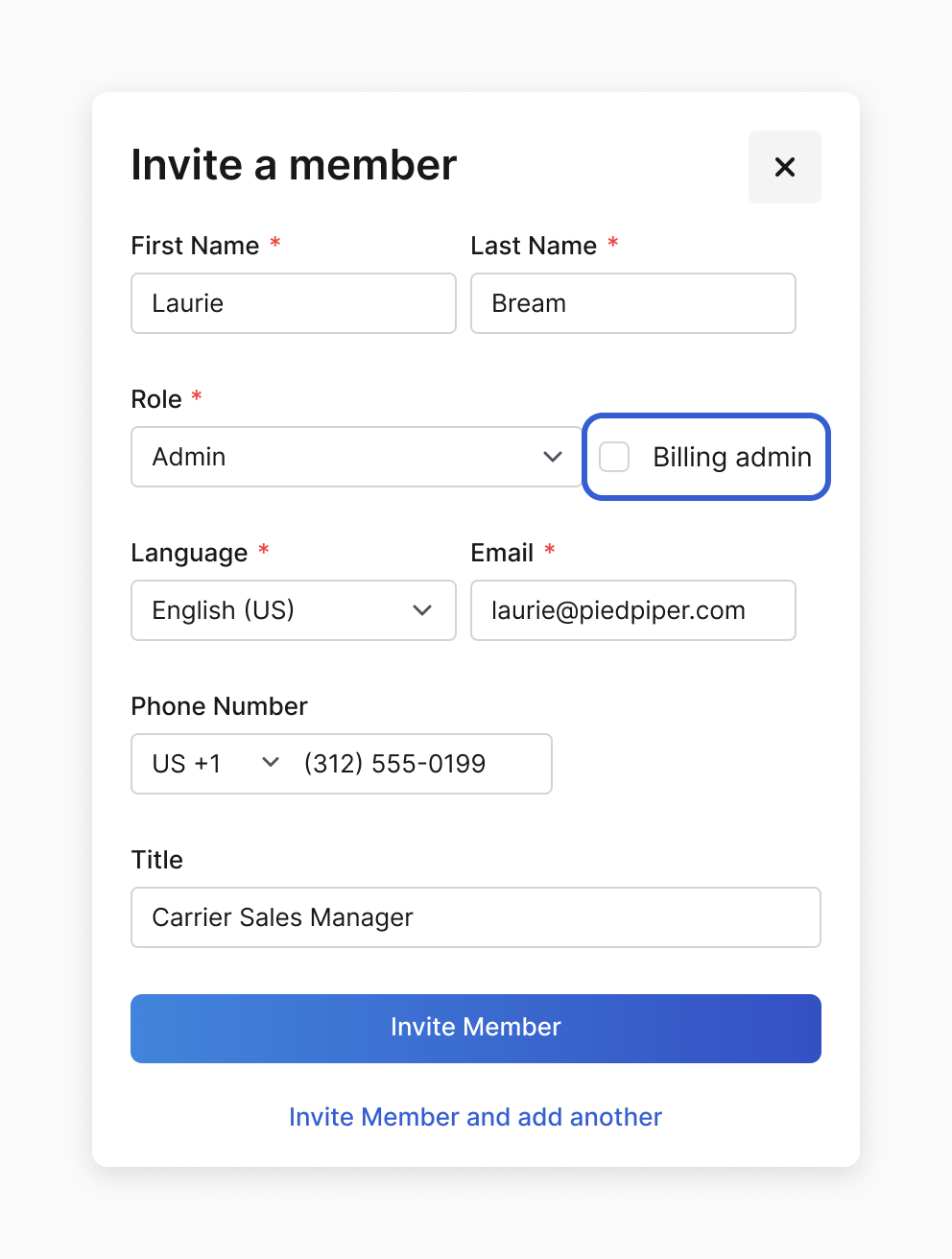 The Invite a member dialog filled in for Laurie Bream: Role set to Admin, with the Billing admin checkbox beside it outlined in blue, then Language, Email, Phone Number and Title, and the Invite Member button.