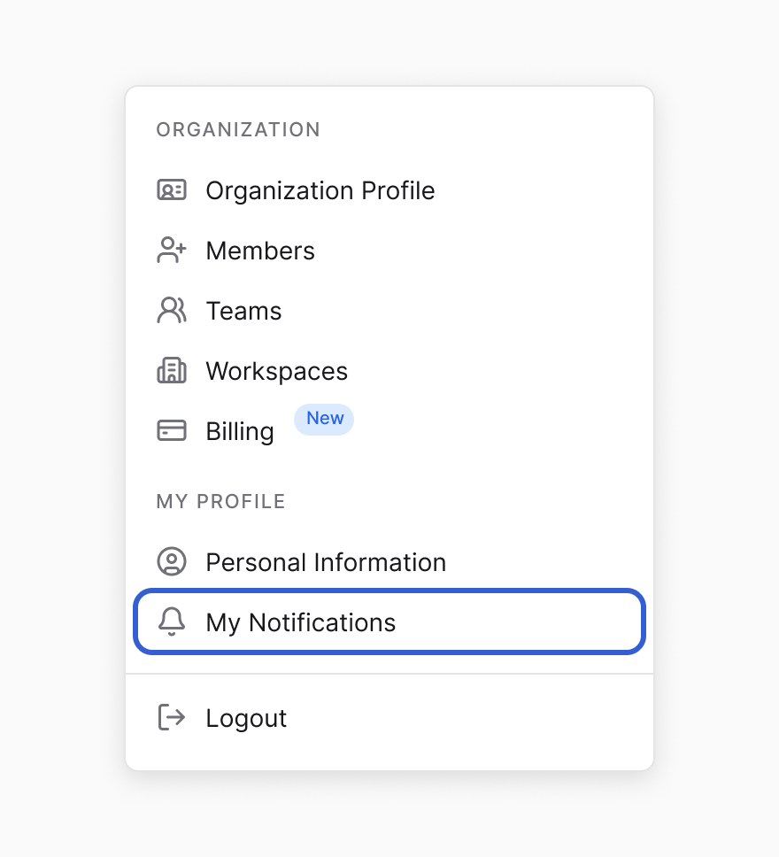 The account menu with My Notifications outlined in blue under My Profile.