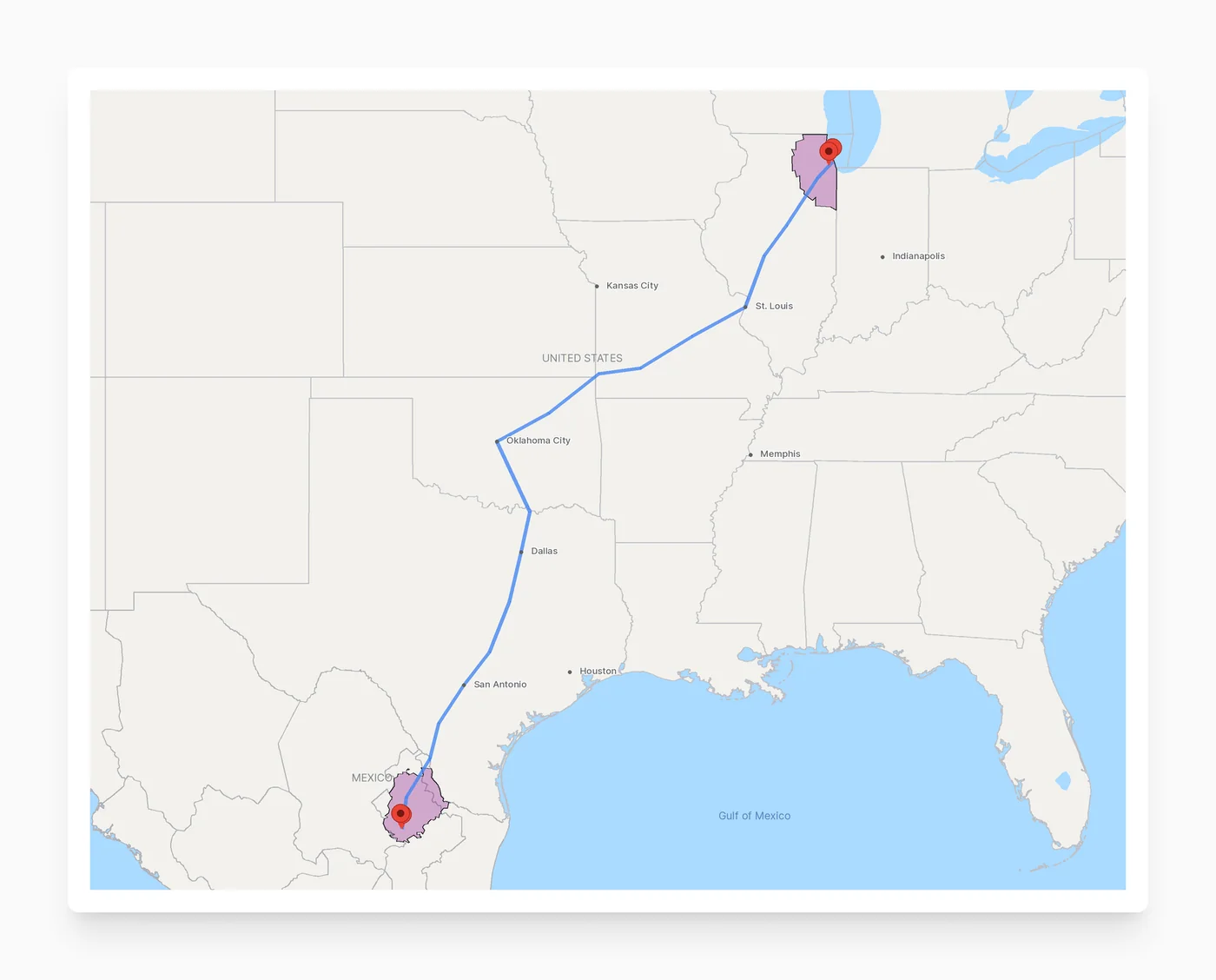 The View market boundaries map: the Monterrey and Chicago market areas shaded purple, joined by the route through Laredo and St. Louis.