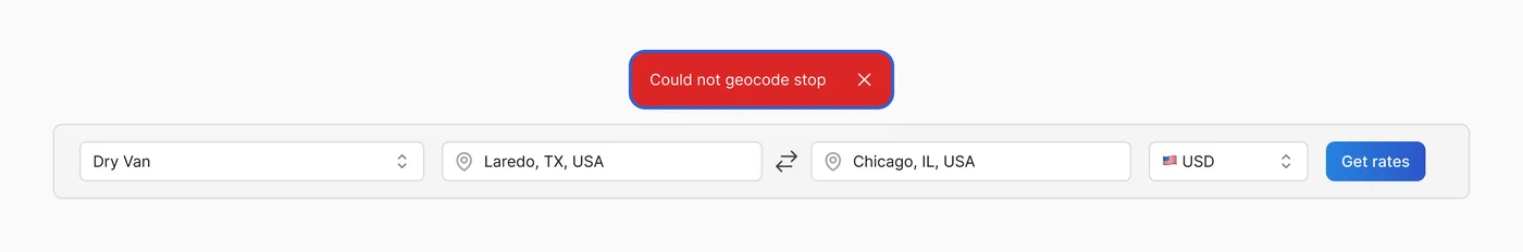 A red banner reading Could not geocode stop, outlined in blue, above the filled form.